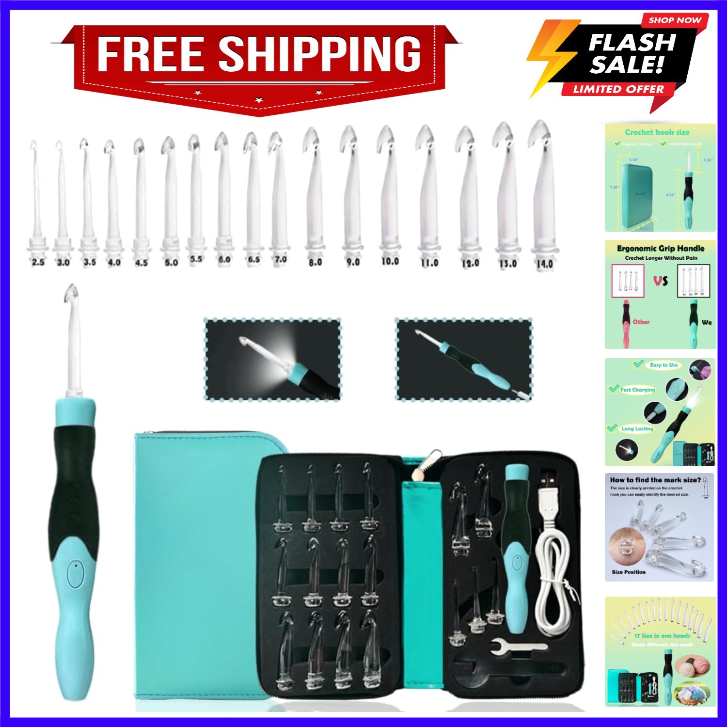 Lighted Crochet Hooks Set 2.5mm~14.0mm, 17 Sizes Light Up Crochet Hooks with ...