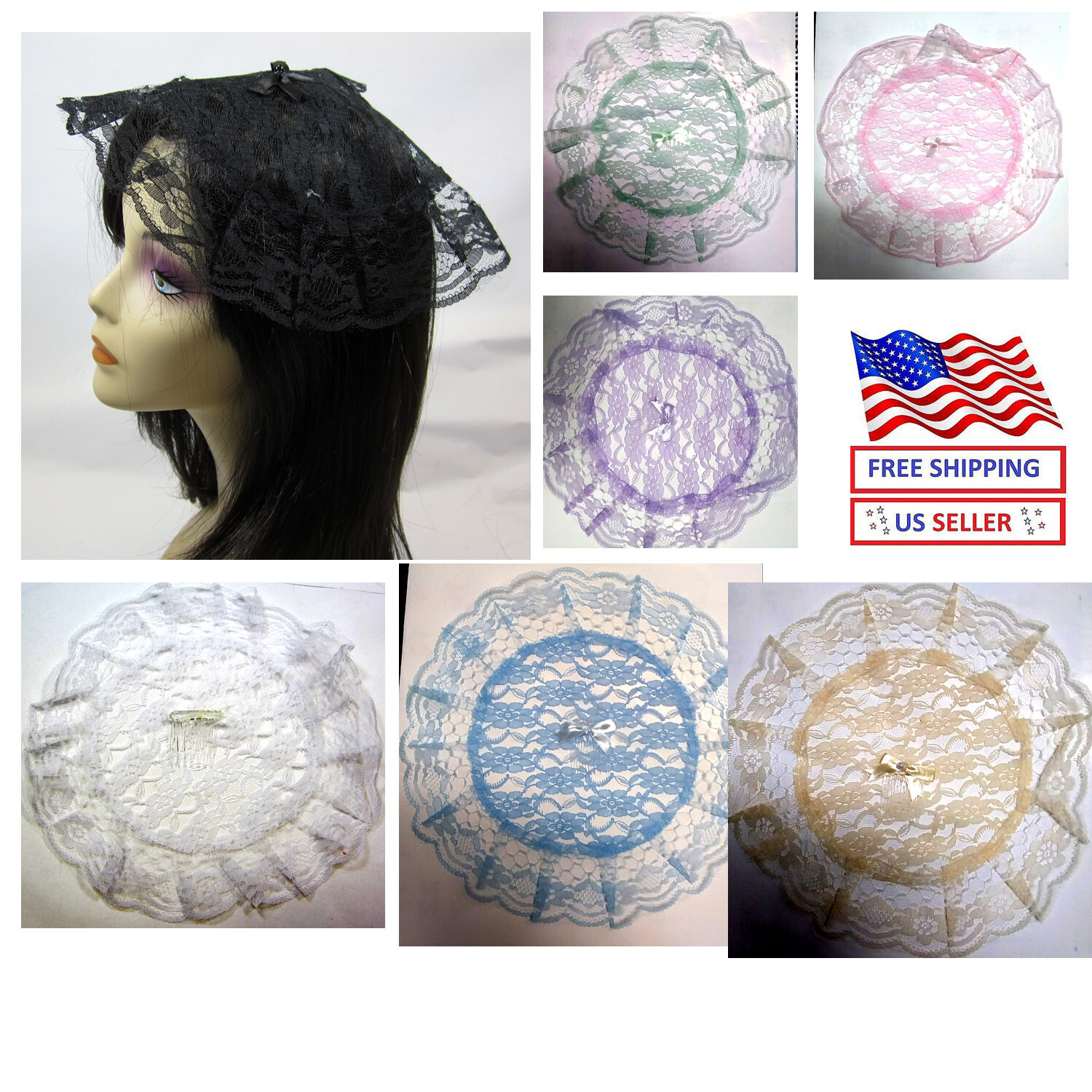 Choose color-Lace Church Hat,   Chapel  Prayer Cap  Comb  Attached one size