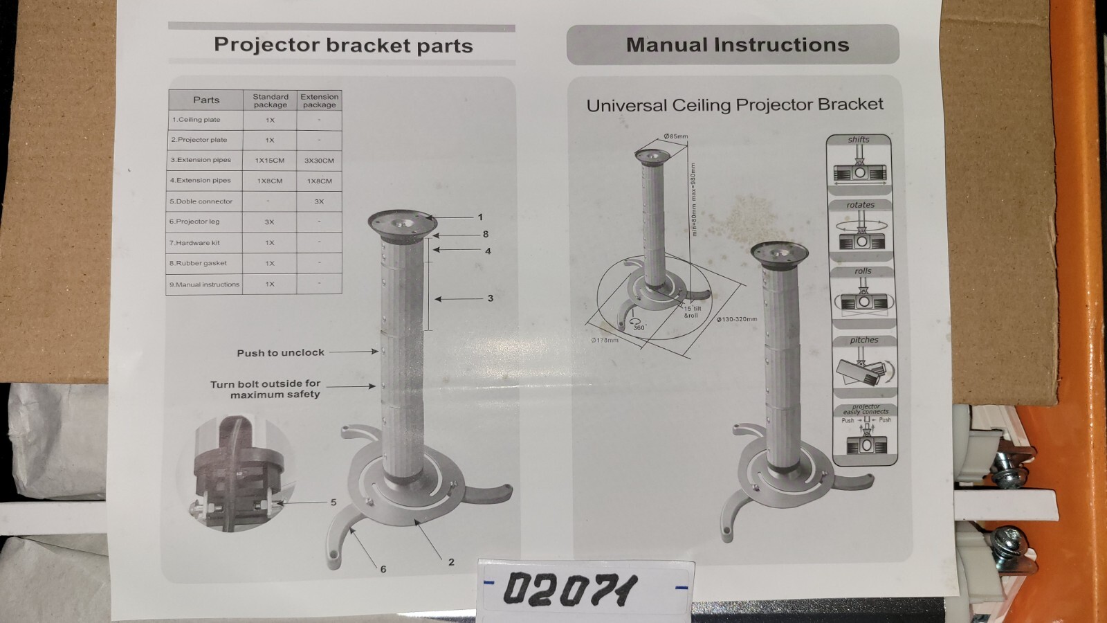 ALUMINUM HEIGHT ADJUSTABLE CEILING PROJECTOR BRACKET PRB-3 GRAY