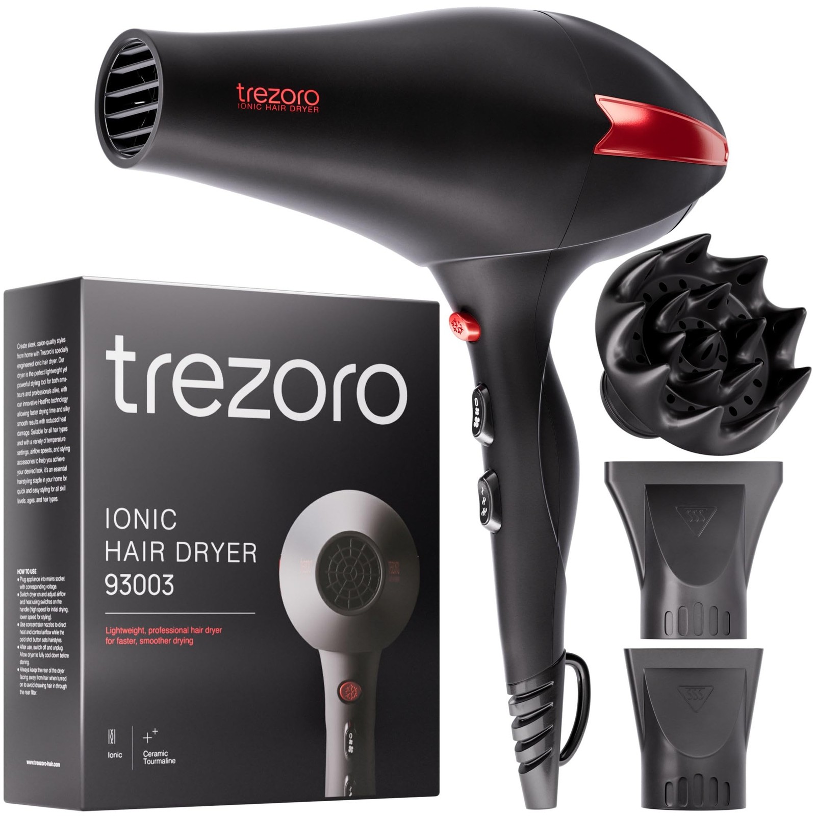 TREZORO Professional 2000W Ionic Hair Dryer with Diffuser for Salon & Home