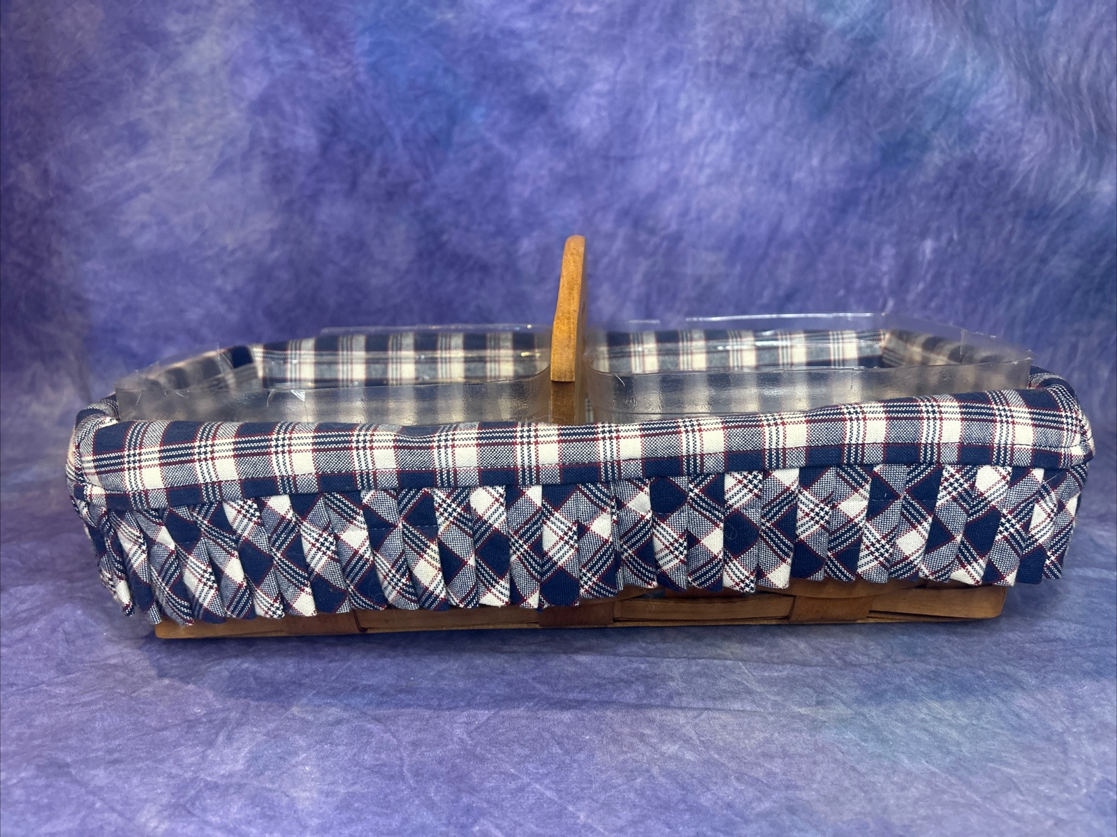 Longaberger Cracker Basket W/ Divider, Plaid & Plastic Liner and Warming Stone