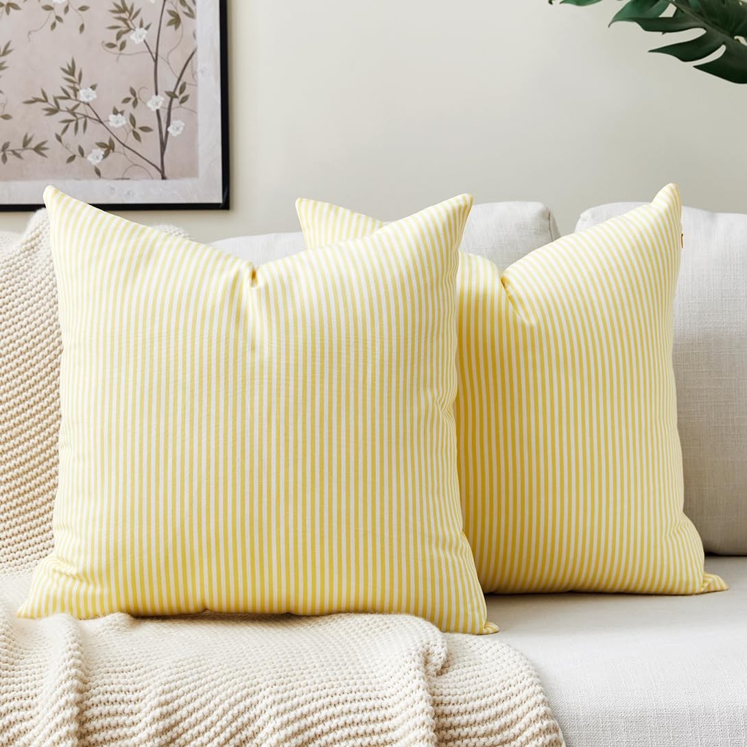 Yellow Striped Summer Outdoor Throw Pillow Covers 18x18 Set of 2, 18 x 18 Yel...