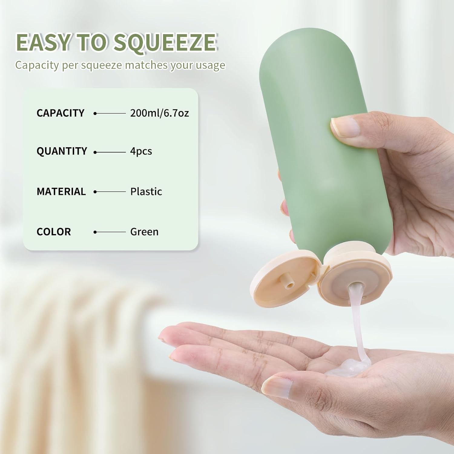 Empty Shampoo Bottles 6.7oz, Green Flip Cap Refillable Plastic, 4 Pack Set |