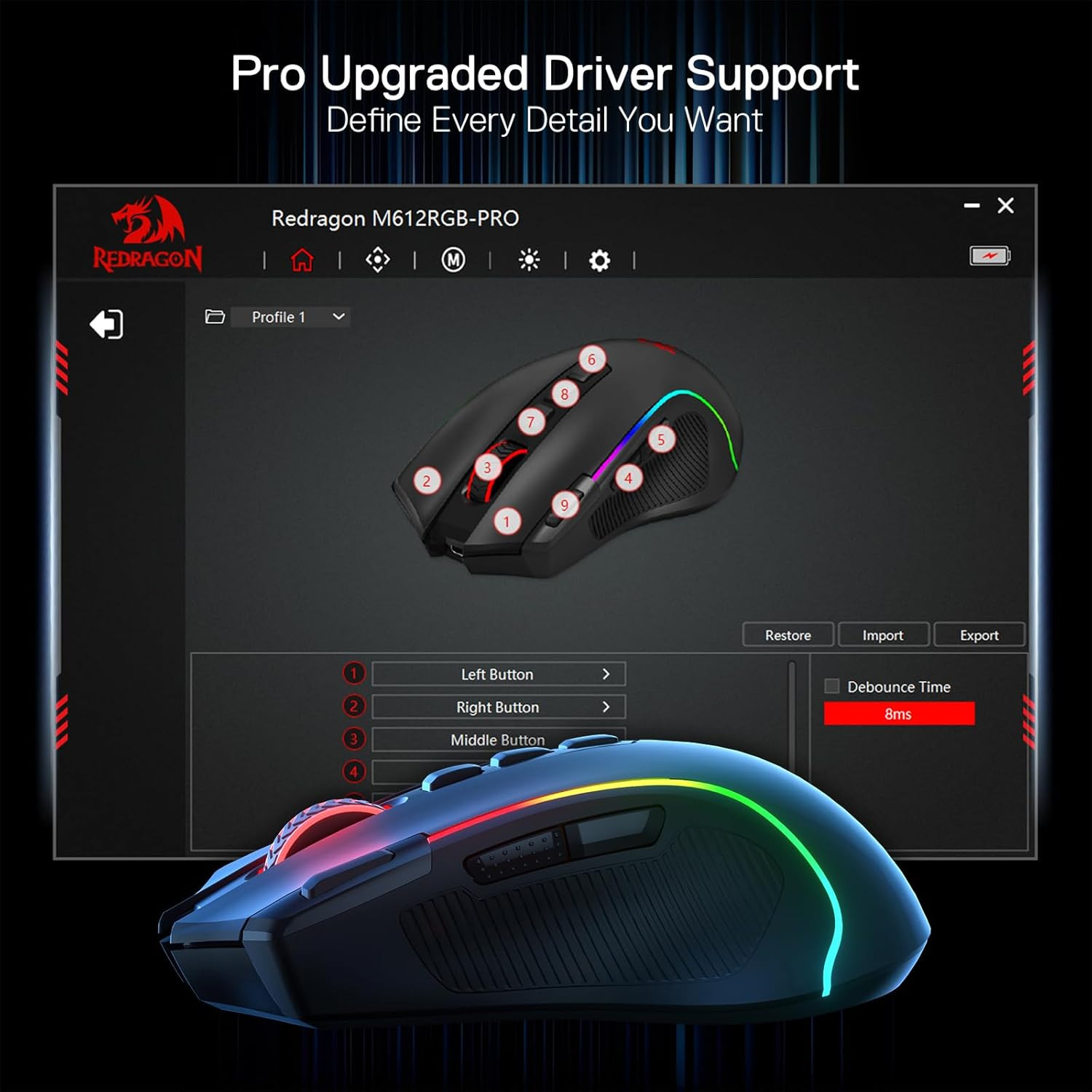 M612 PRO RGB Gaming Mouse, 8000 DPI Wired/Wireless Optical Mouse with 9 Programm