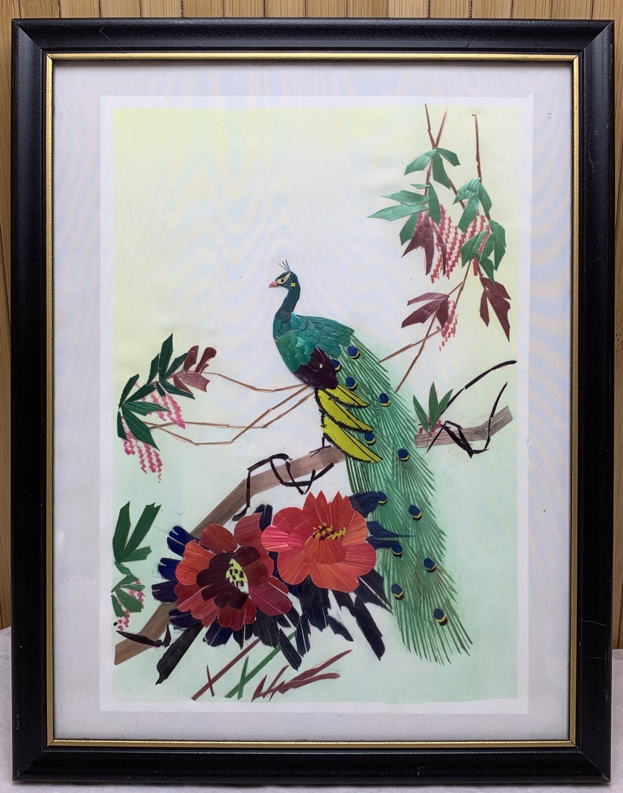 Vintage Oriential Mixed Media Organic Bamboo Peacock Floral Flowers Collage Art