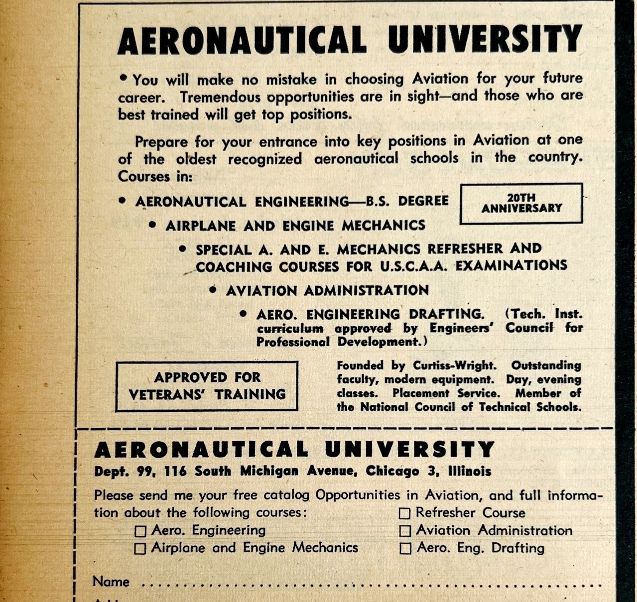 1949 Aviation Aeronautical University Airplane Advertisement Chicago