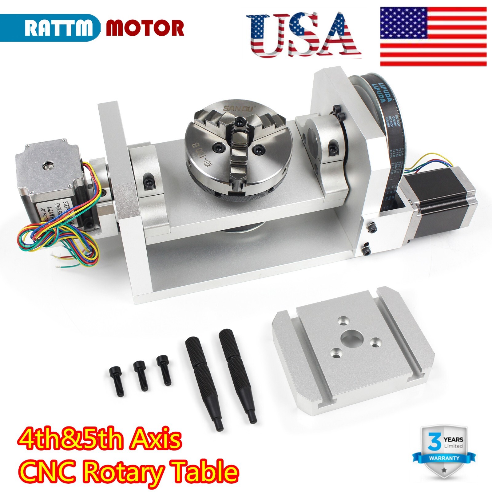 【US】CNC 5th Axis Rotary Table A&C Axis 6:1 100mm 3 Jaw Chuck for round carving