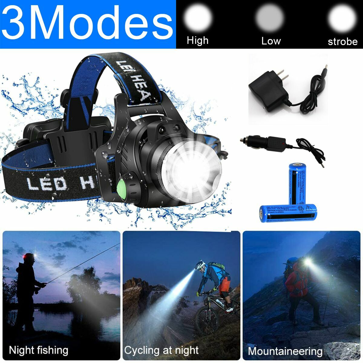Rechargeable Headlamp LED Headlamp Head Flashlight Tactical Light + 2 Chargers