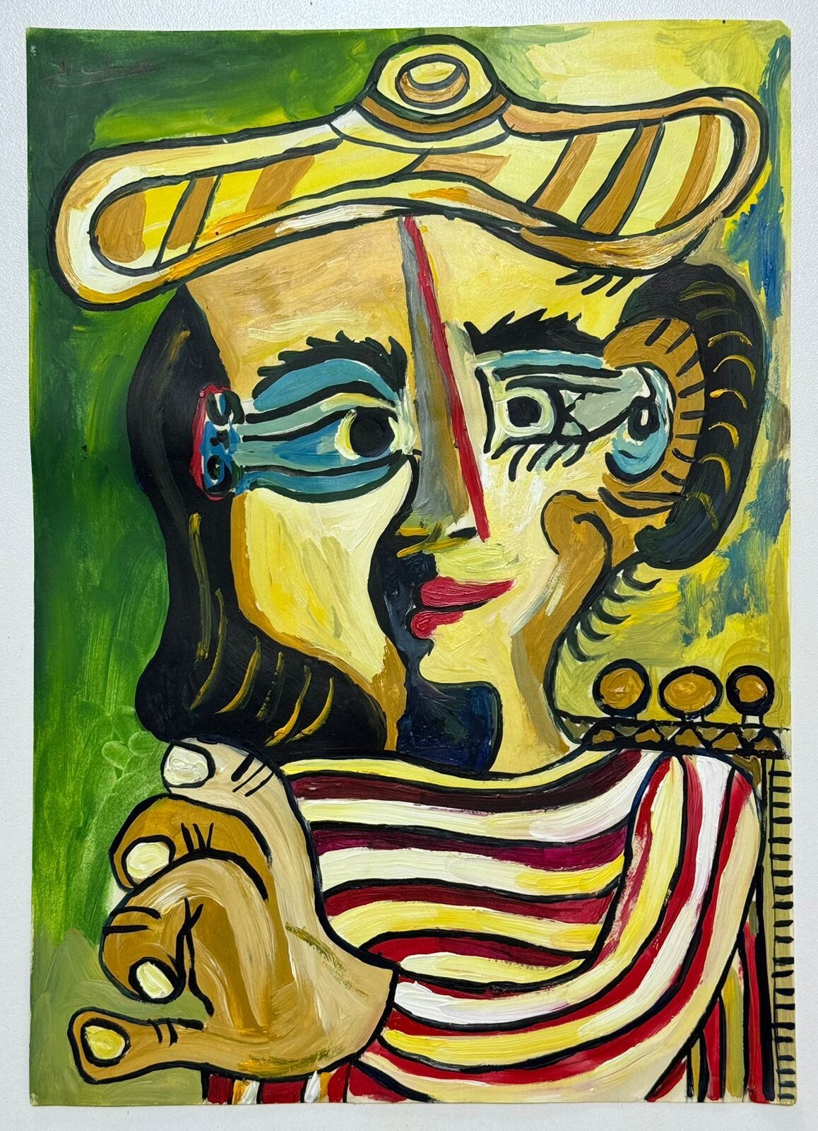 Pablo Picasso (Handmade) Oil Drawing On Old Paper Signed & Stamped, vtg art