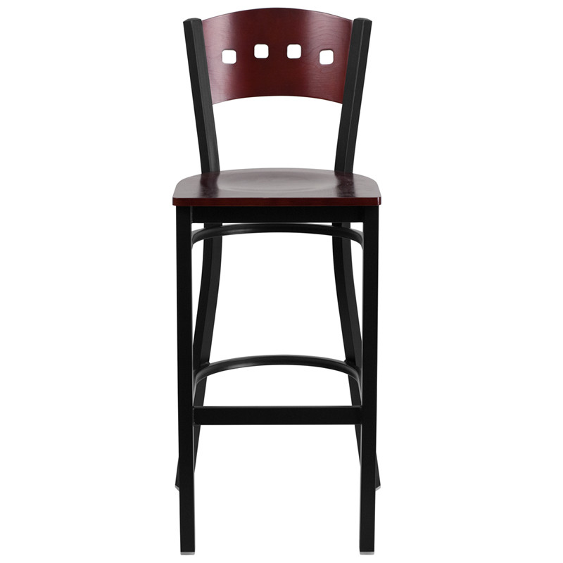 4 Square Metal Restaurant Barstool, Mahogany Wood Back & Seat