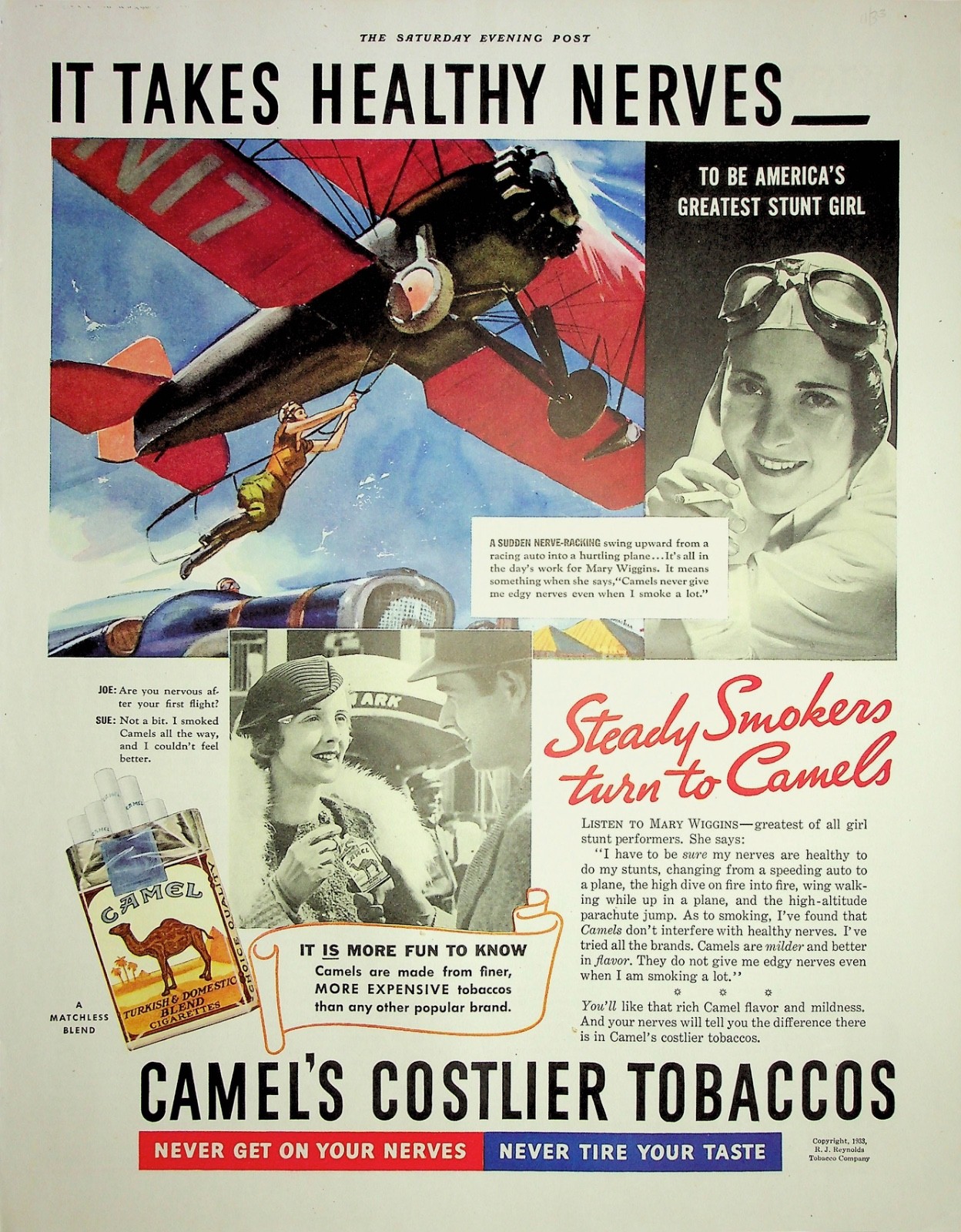 Original 1933 Vintage Camel Ad: Ft. America's Greatest Stunt Girl with Camel