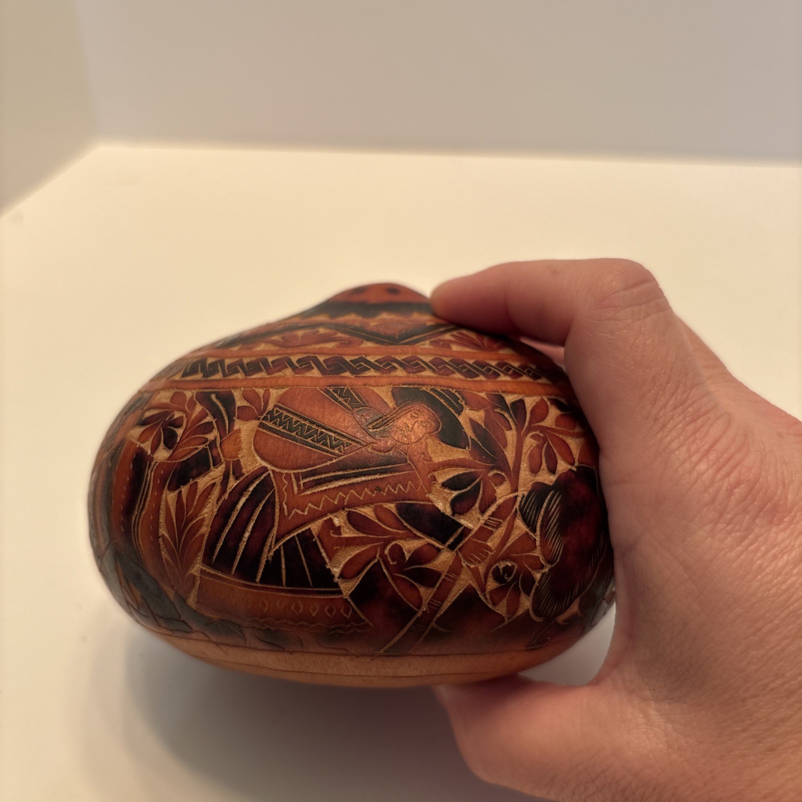 Vintage Peruvian Hand Carved Gourd Story Scene Peru Folk Art Village Life Lama