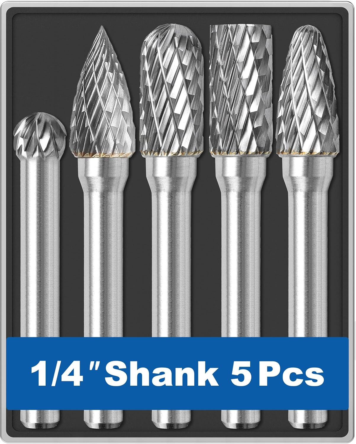 5Pcs Carbide Burr Set 1/4 Shank W/Clear Box Head Dia 8Mm Die Grinder Bits Rotary