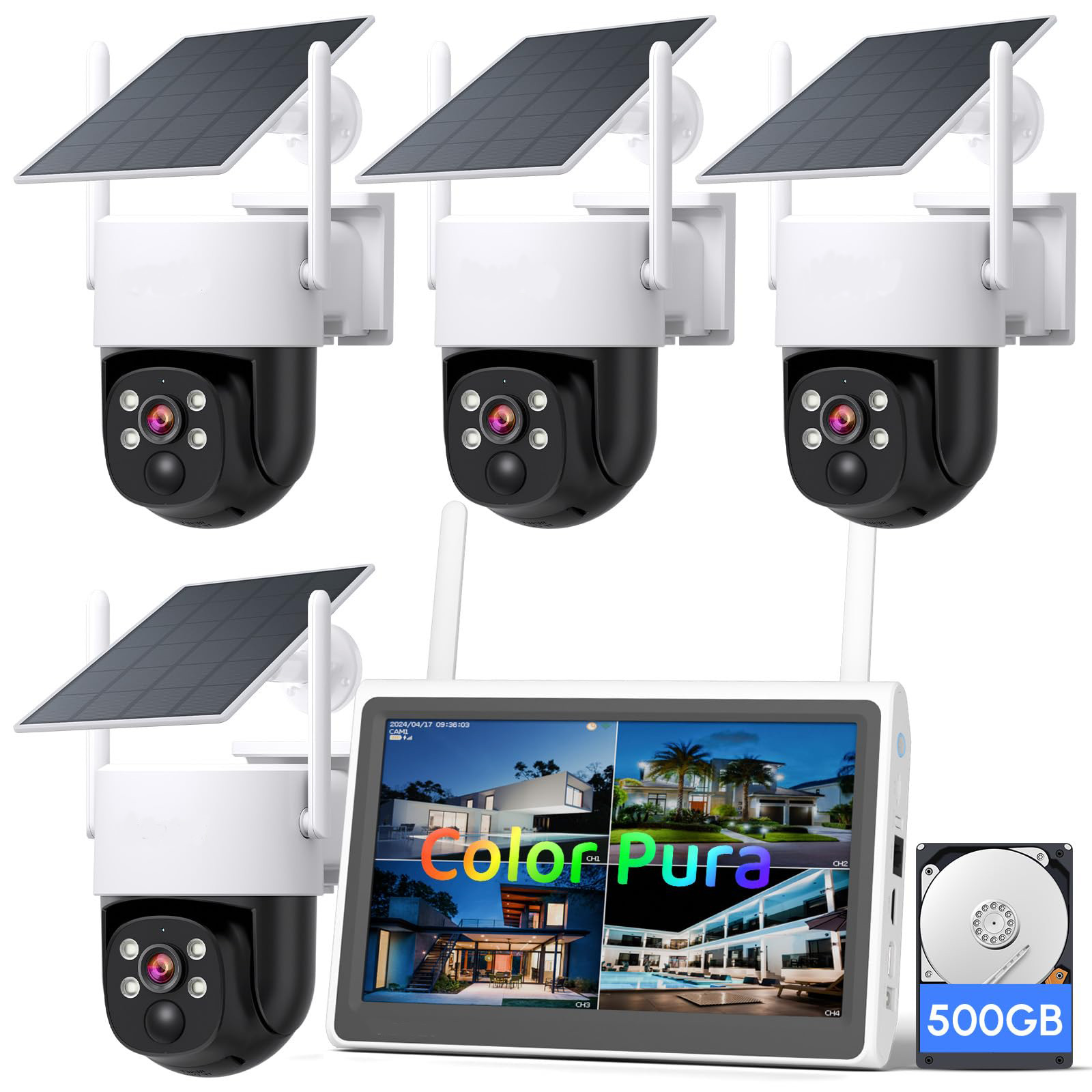 Solar Security Camera System 10" Monitor, 4pcs 2K Cams Color Night Vision