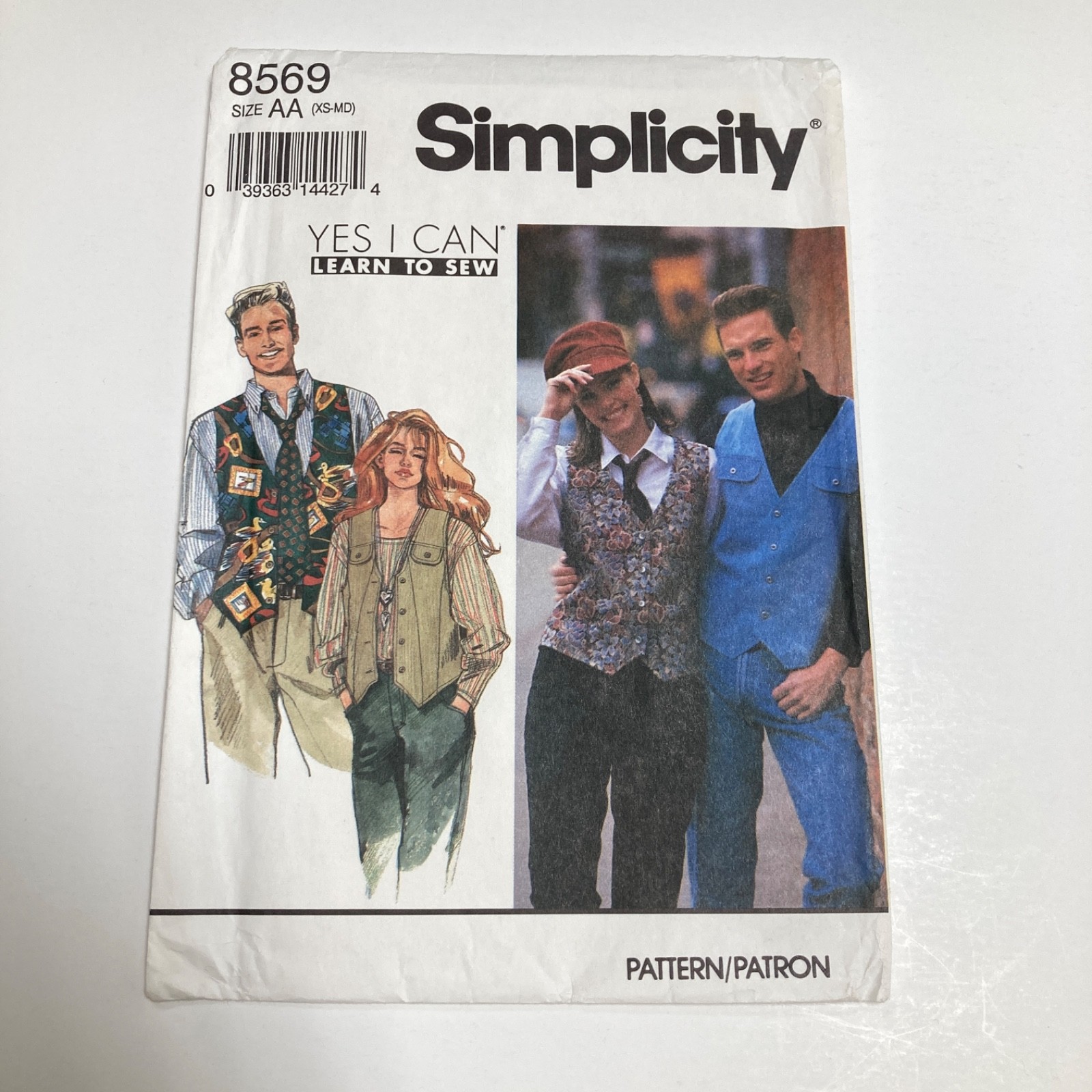 Simplicity 8569 Size XS-M Unisex Lined Vest Neck Tie Hat Uncut Factory Folds