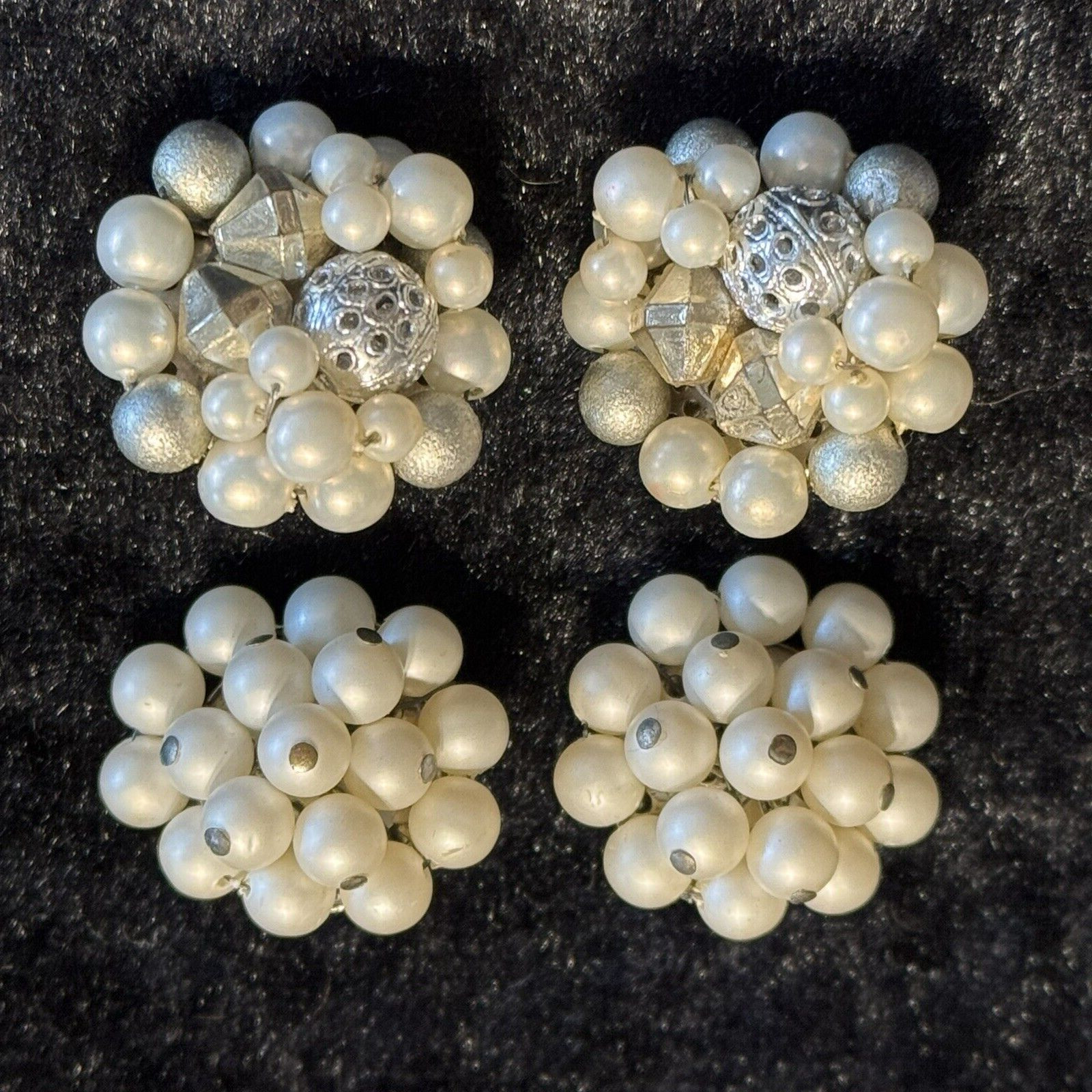 Lot of 2 Pair Vintage Faux Pearl Cluster Clip On Silver Tone Earrings