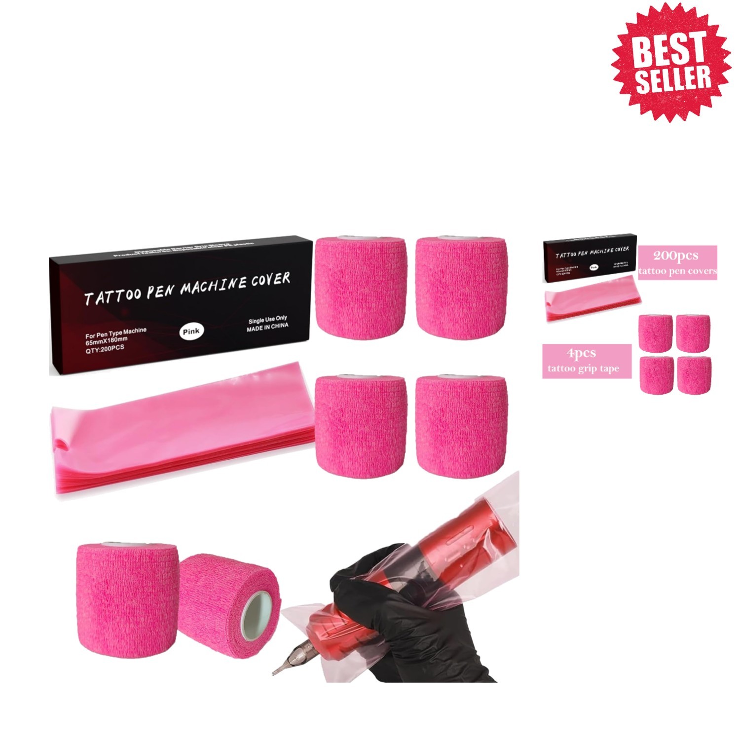 204-Piece Pink Tattoo Machine Covers & Grip Wraps Set for Hygiene & Comfort