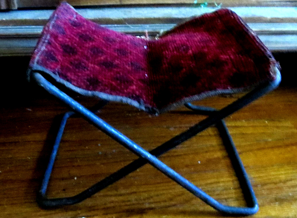 Antique  Victorian Stool Folding Carriage Iron frame 1800s Tapestry Seat