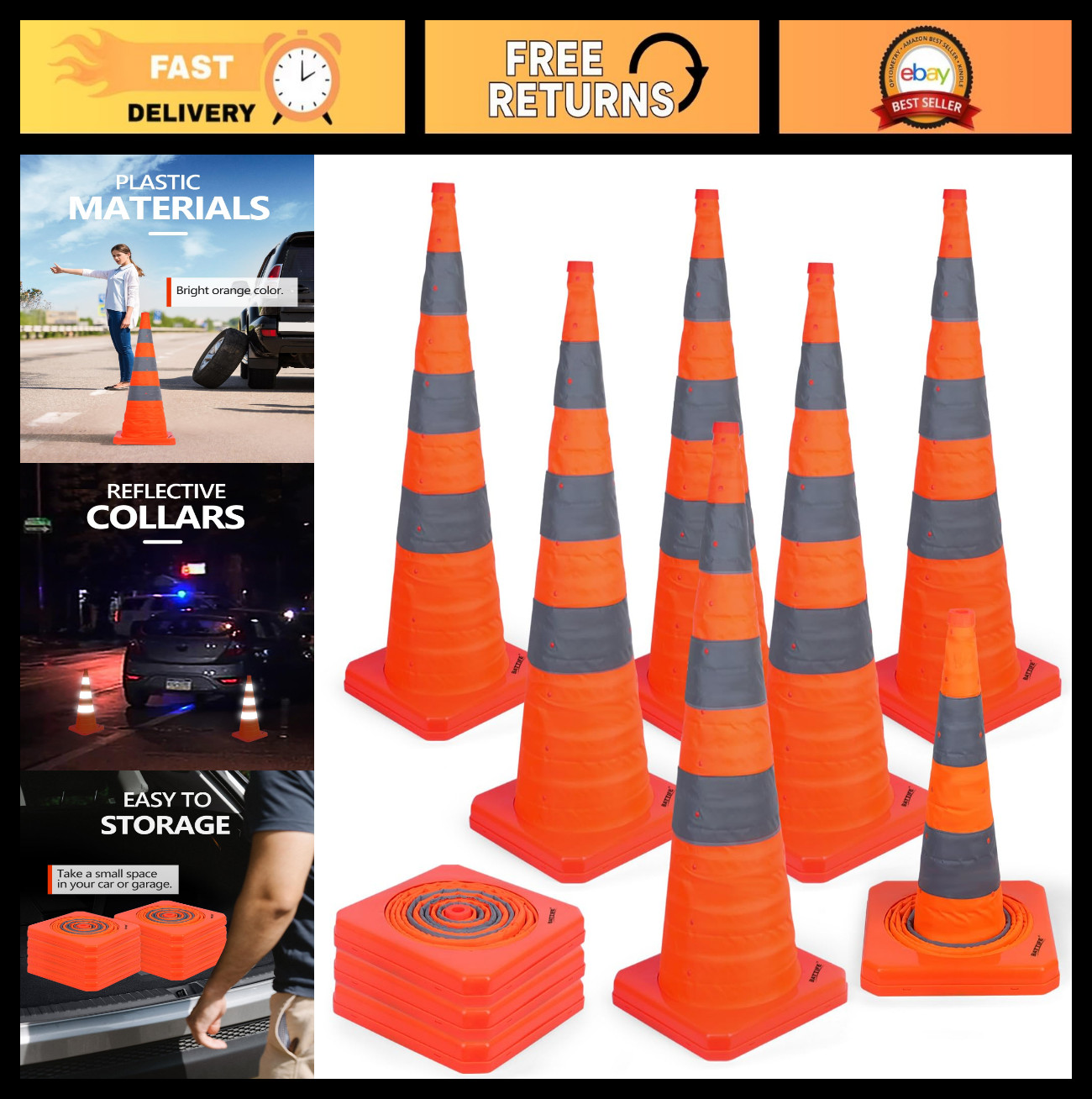 10 Pack 36" Collapsible Traffic Safety Cones - Reflective Orange Pop-up Cones fo