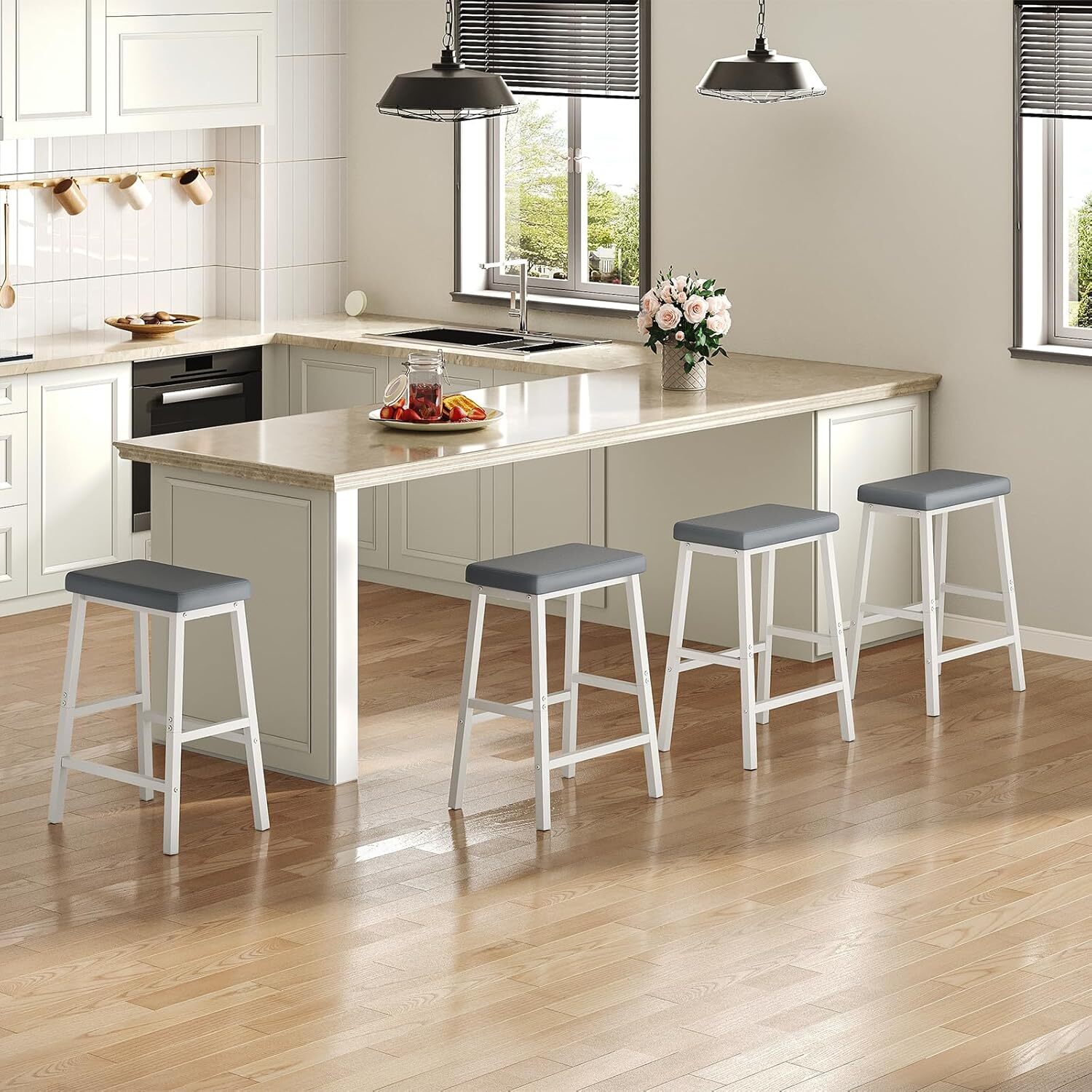 Bar Stools, Set of 2 Bar Chairs, PU Leather Upholstered Breakfast Stools