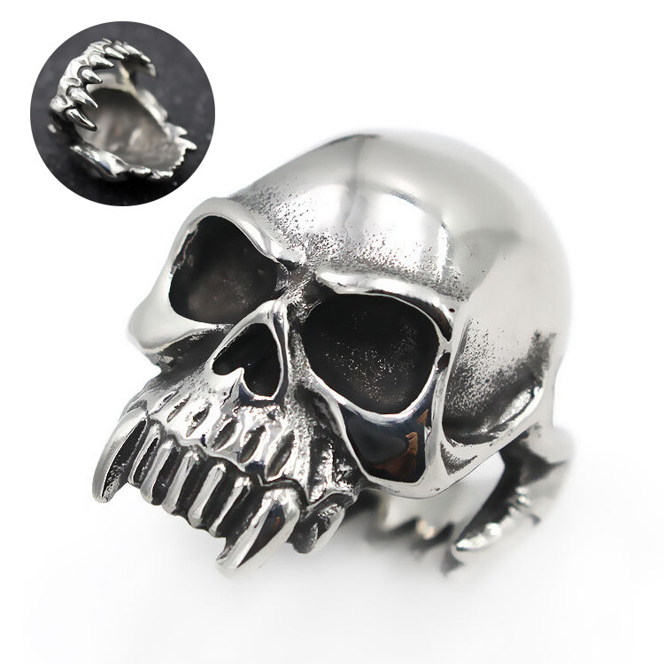 Men's Cool Skull Ring Stainless Steel Vampire Tusks Skeleton Ring Biker Gothic