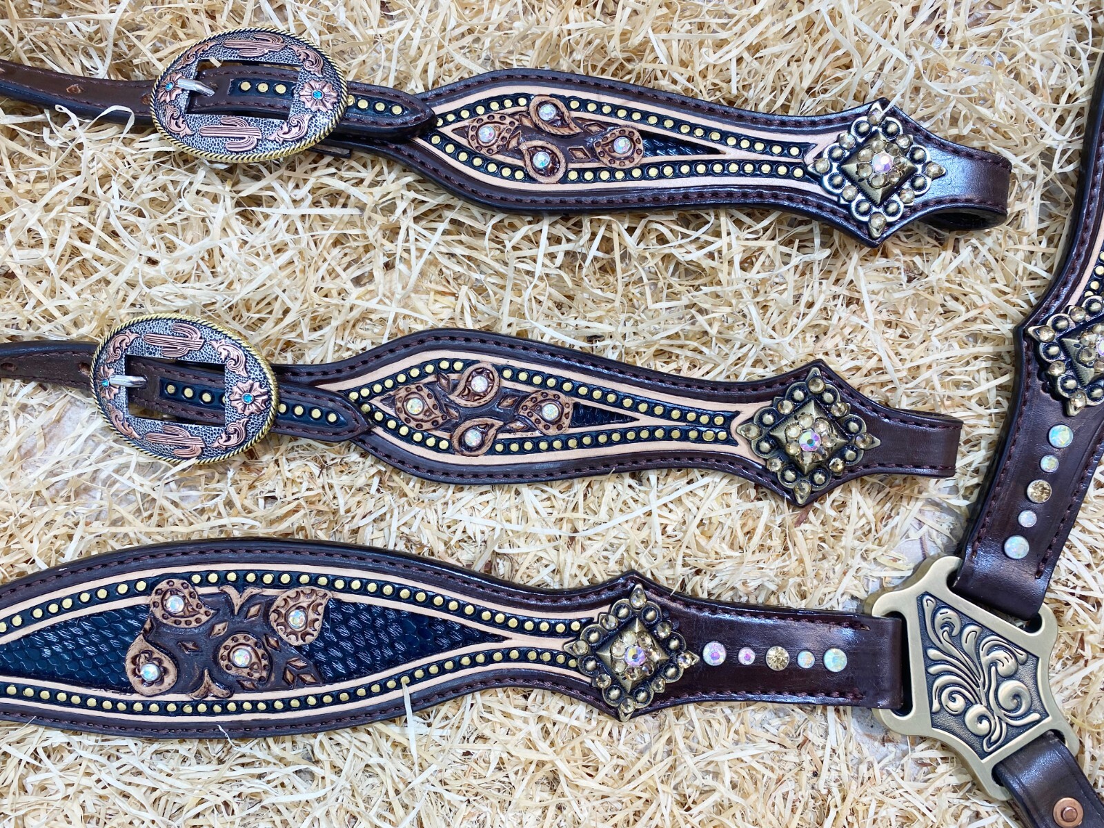 Western Leather Headstall Set Horse Decorated with Paisley Carving Gifts MOUSM