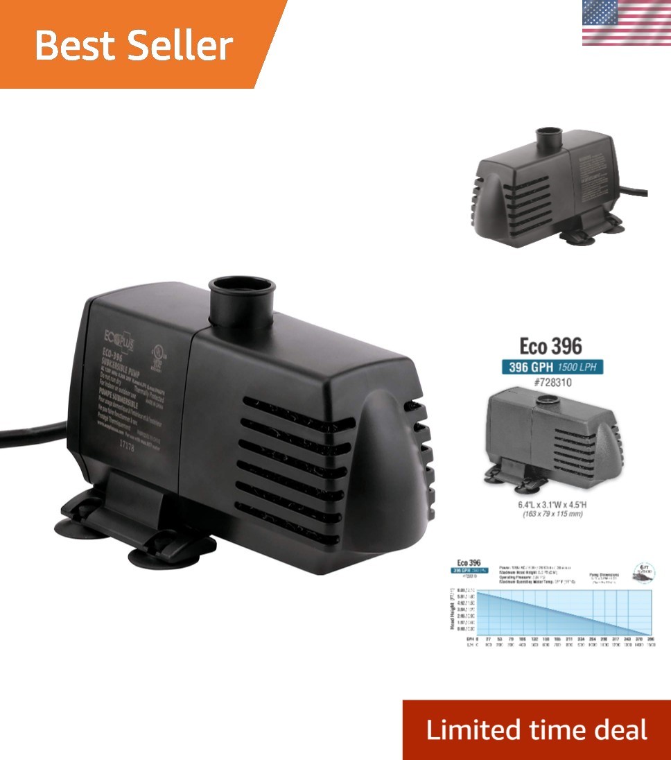 396 GPH Eco Water Pump - Robust Submersible & Inline Functions for Aquatic Life