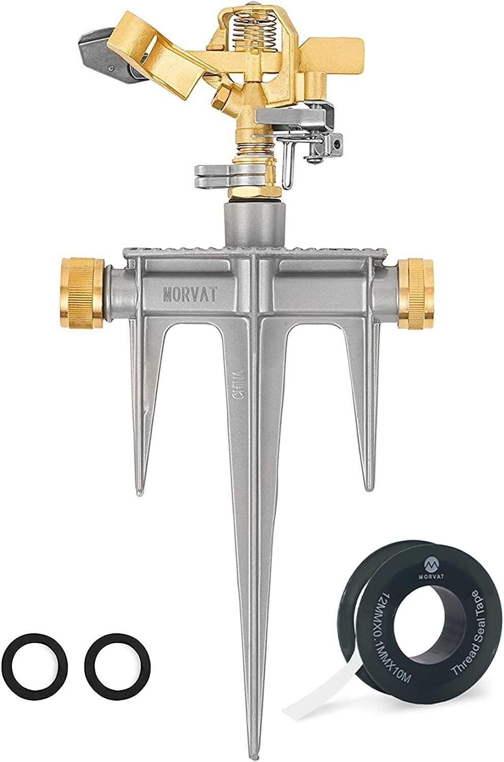 Morvat Lawn Water Sprinkler, All Brass Head & Solid Aluminum Stake, 360° Pattern