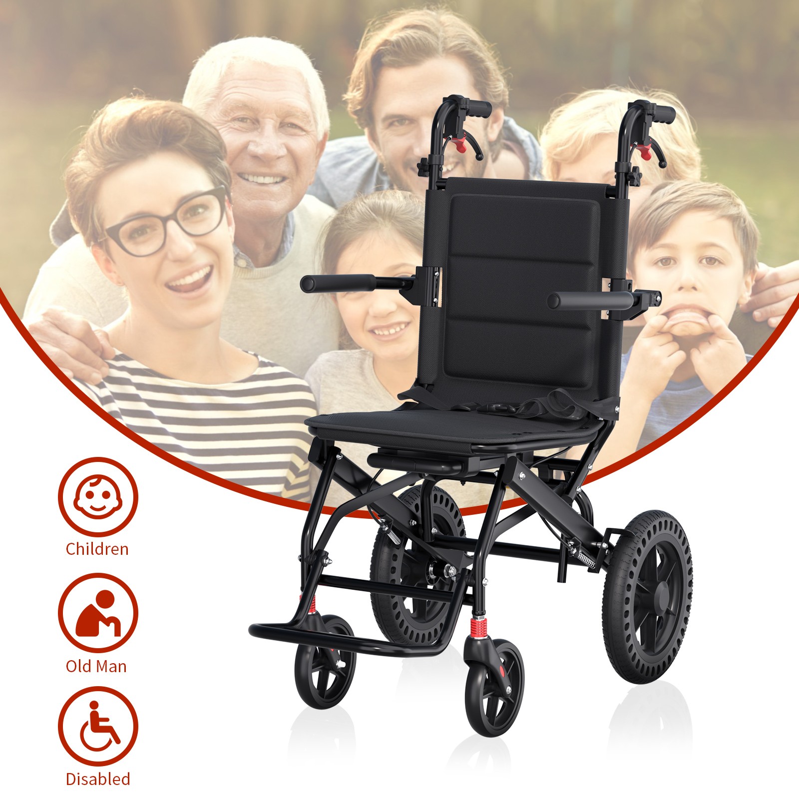 Lightweight Foldable Portable Transport Wheelchair With Telescopic Handle Adults