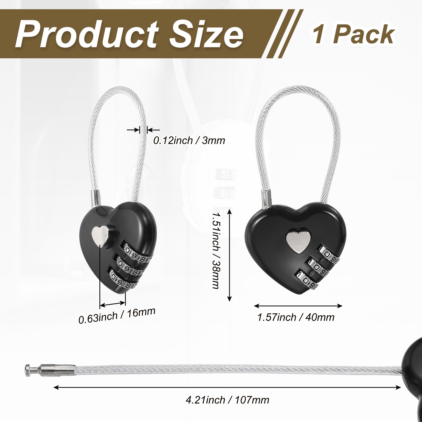 1-Pack Combination Padlock, 3 Digit Heart Shaped Cable Luggage Lock [Black]