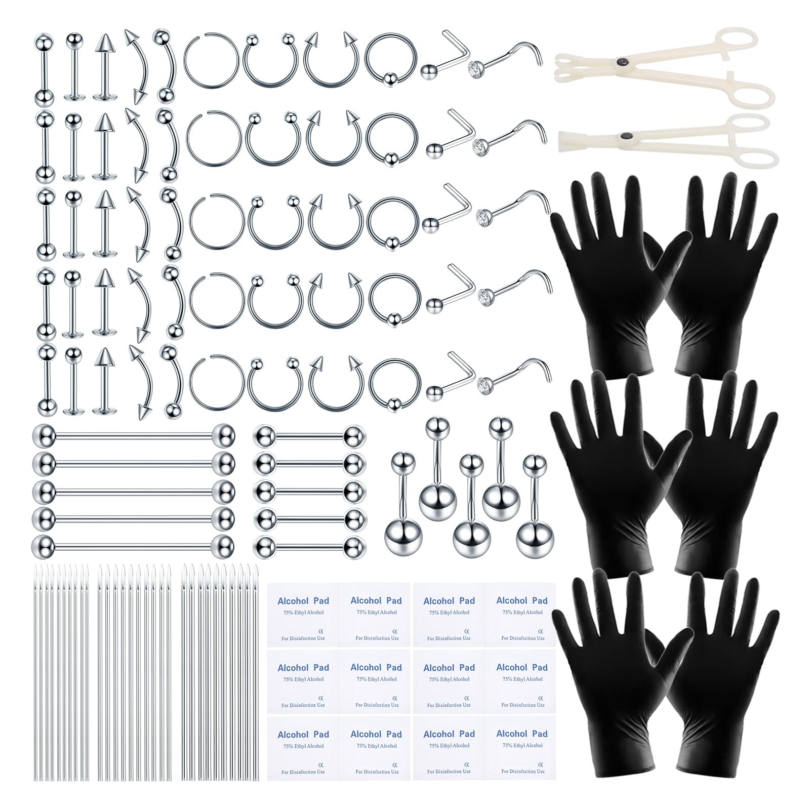120PCS Body Piercing Kit Surgical Steel 14G 16G 20G BCR CBR Labret Lip Rings ...