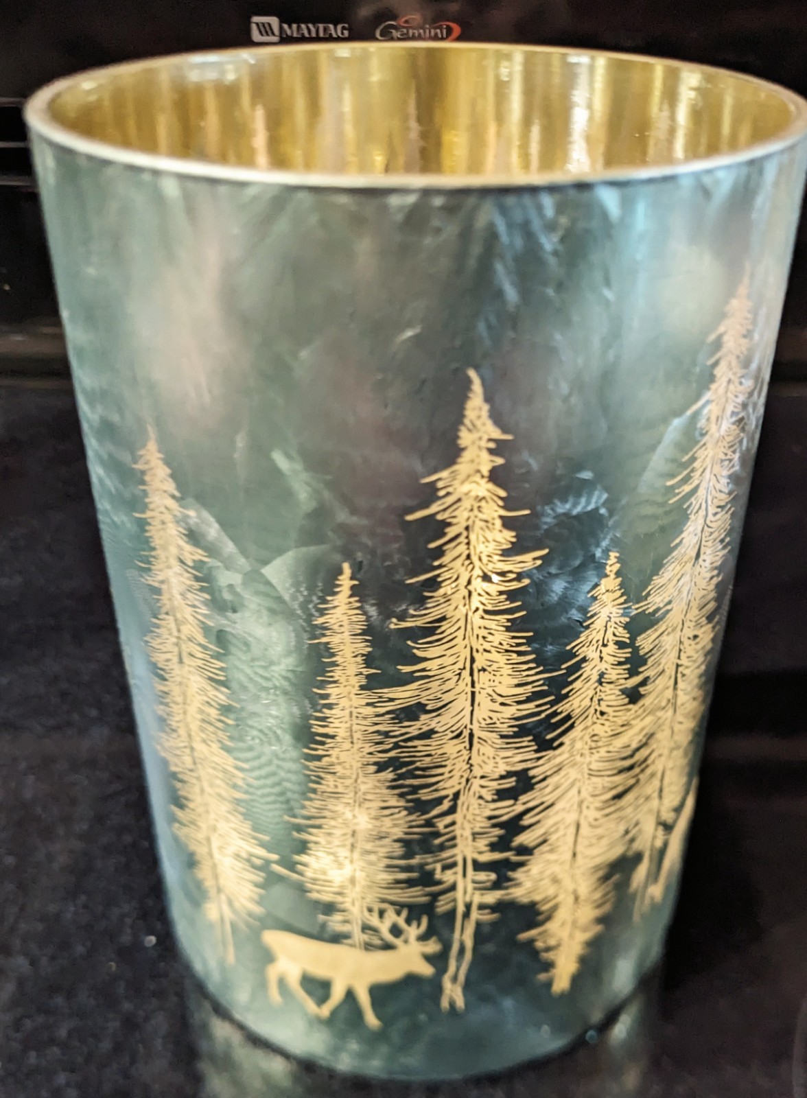 Yankee Candle Flicker Woodland Green & Gold  Details Large Jar Candle Holder New