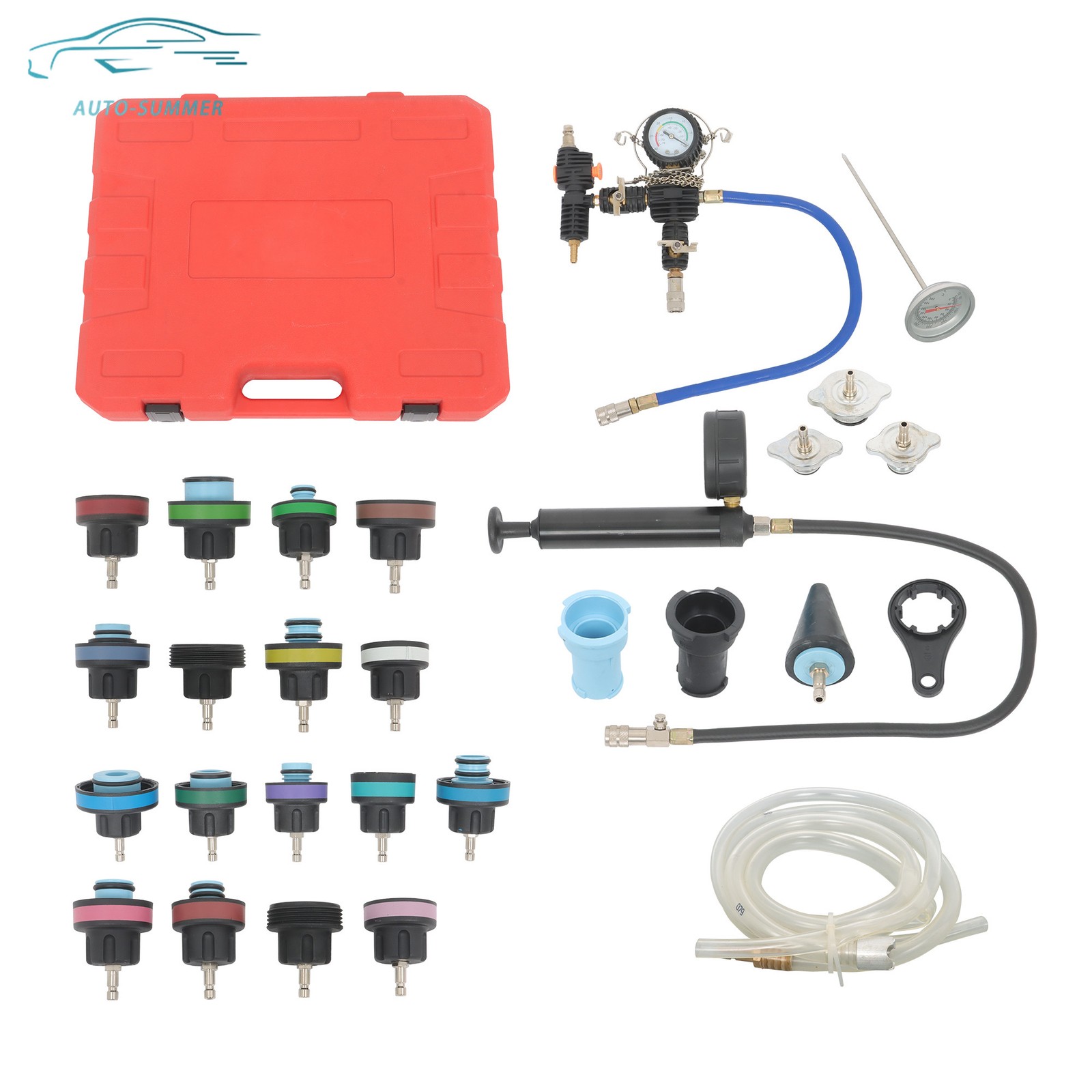 28Pcs Radiator Pressure Tester & Cooling System Vacuum Type Purge Kit Blue/Red