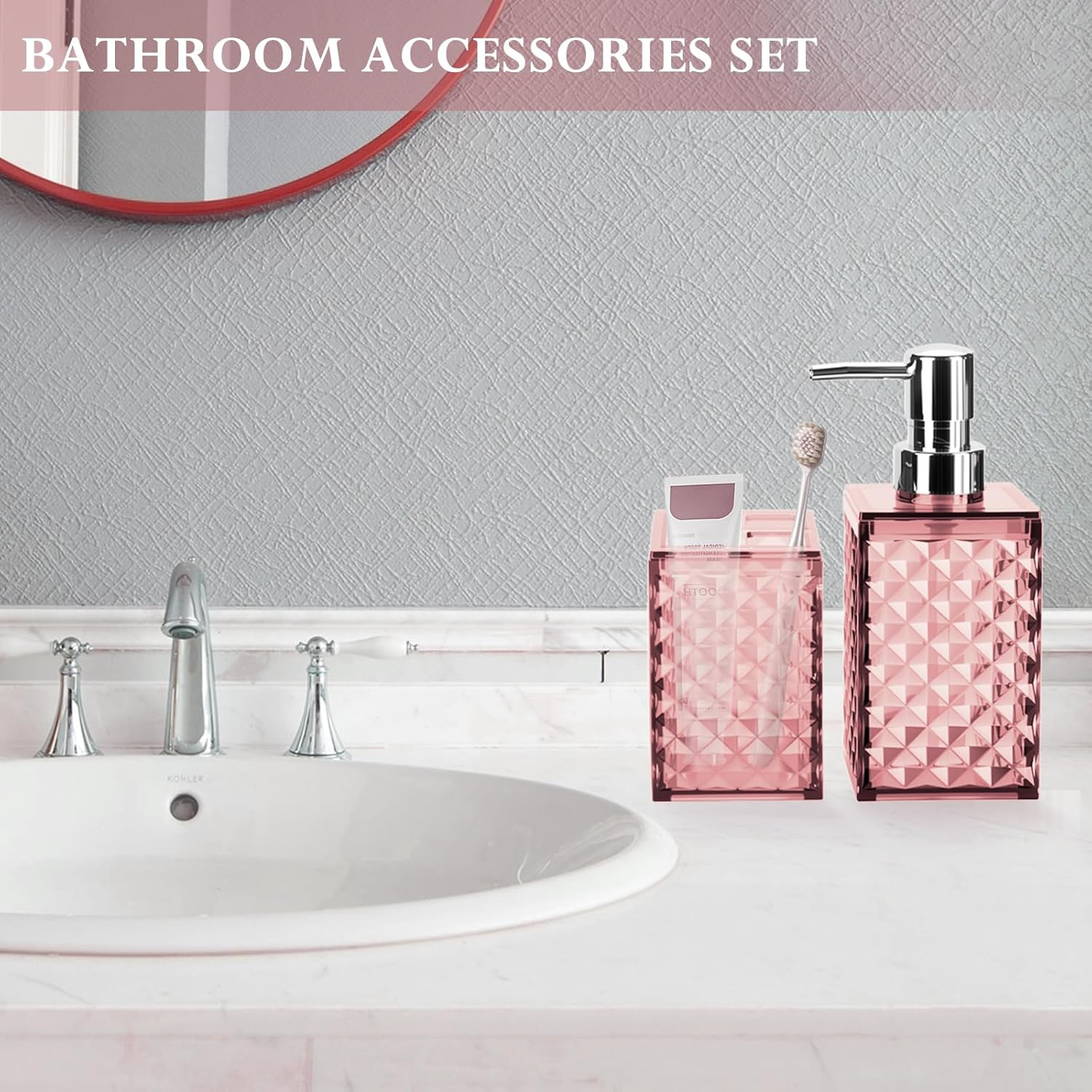 Pink Bathroom Accessories Set, 2-Piece Soap Dispenser & Toothbrush Holder