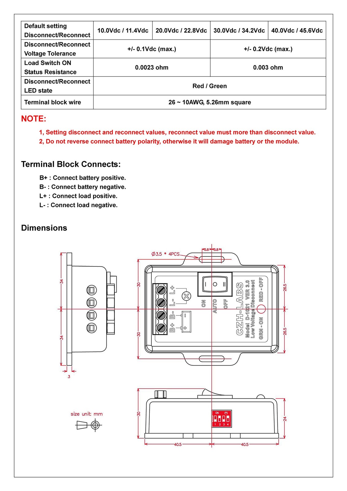 Czh-Labs Lvd Voltage Disconnect Module. 12V / Abs Panel Mount Terminal