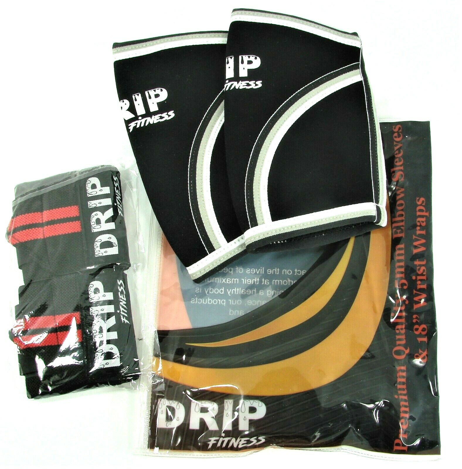 New Pair Of Drip Fitness 5mm Neoprene Elbow Sleeves & 18" Wrist Wraps NIP Sz S