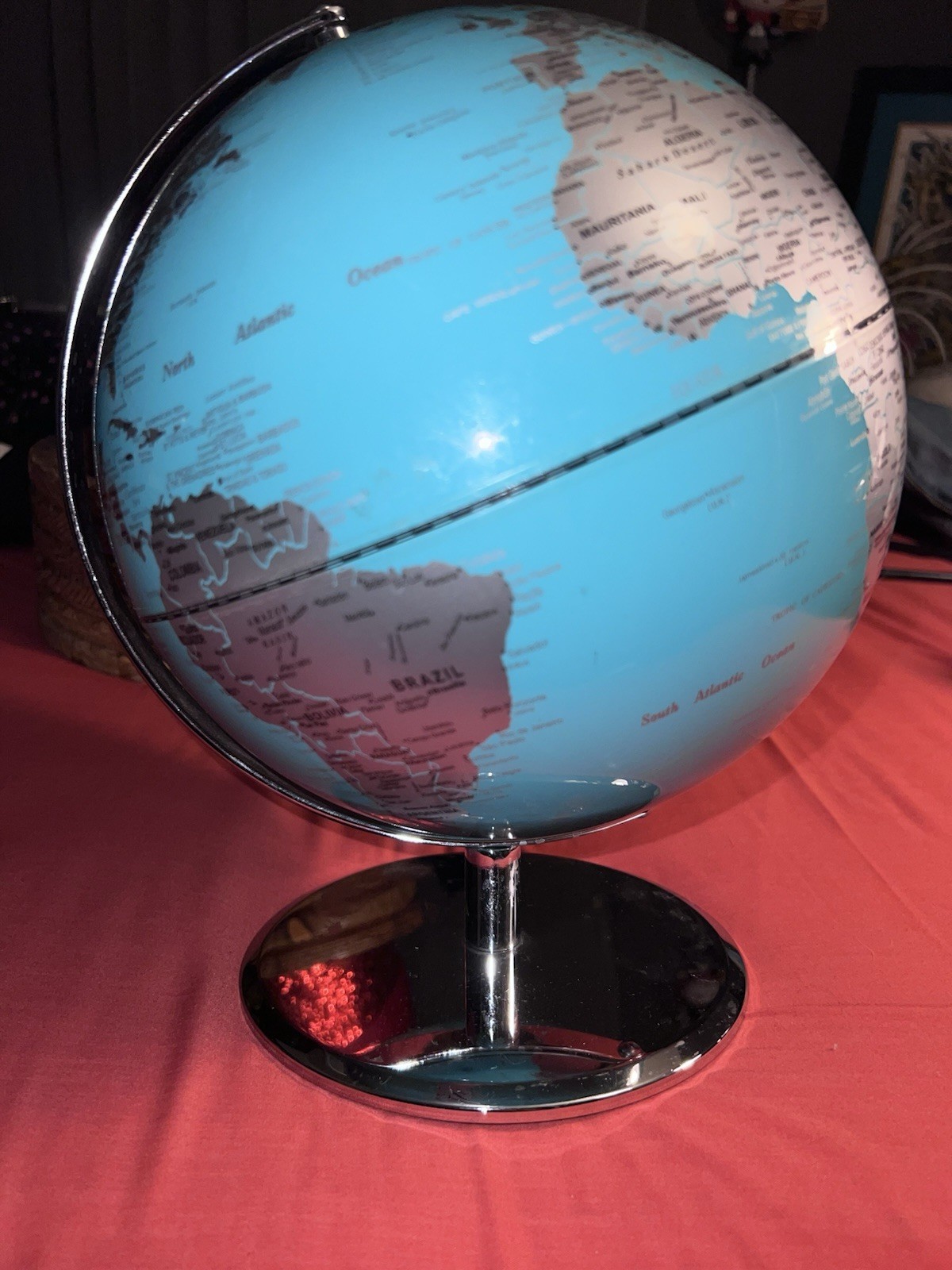 VINTAGE Blue Tabletop Globe Rotating Metal Base 12-Inch Decorative Map RARE
