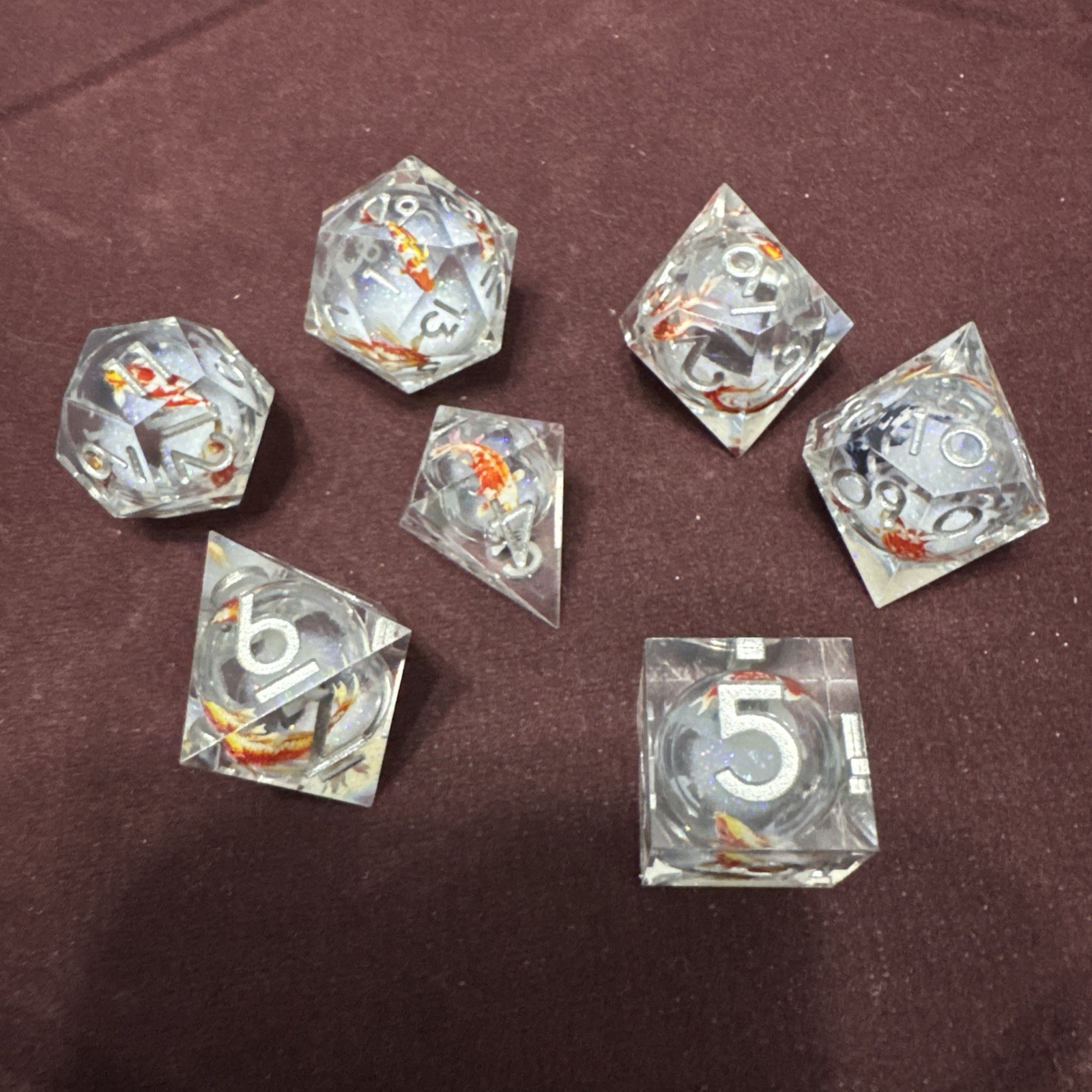 Liquid Core Koi Fish Polyhedral Dice Set 7Pcs Sharp Edge Resin - RPG DND F