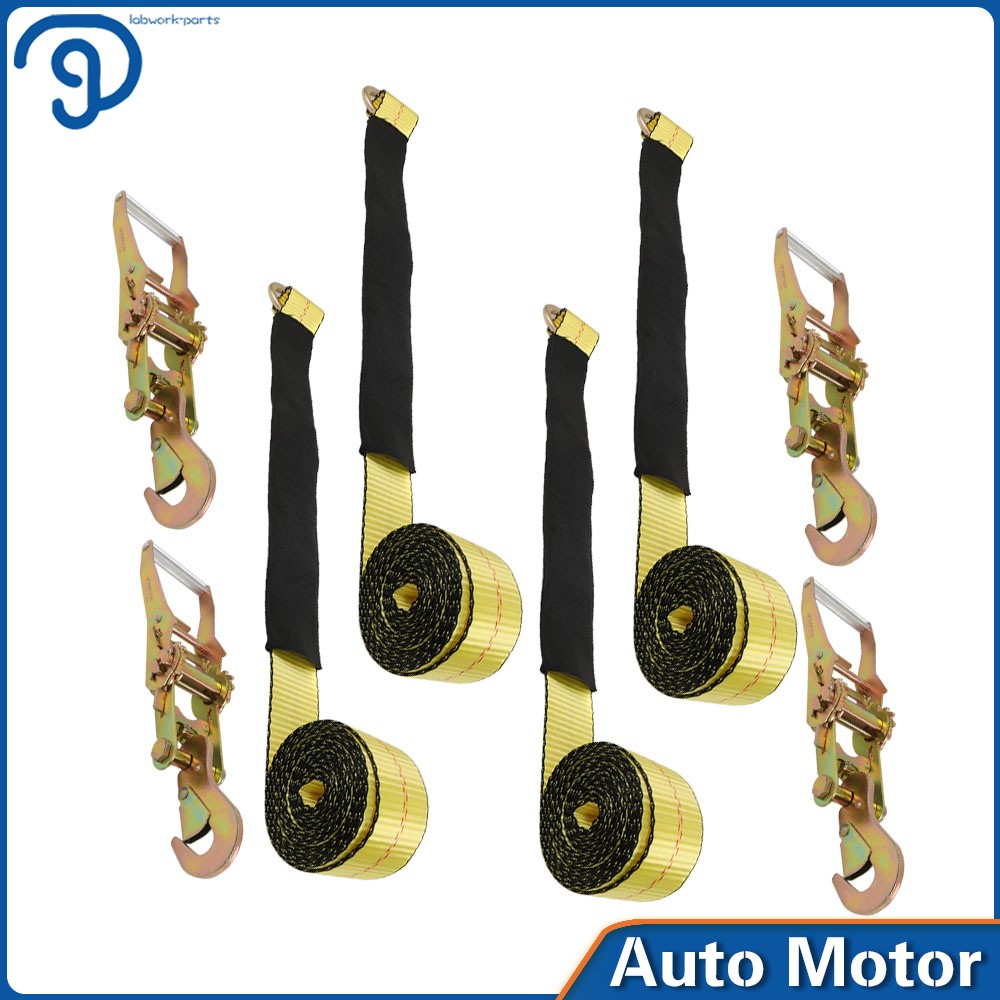 Set Of 4 Auto Tie Down w/ Snap Hooks Lasso 2"x96" Yellow 3300lb Stainless Steel