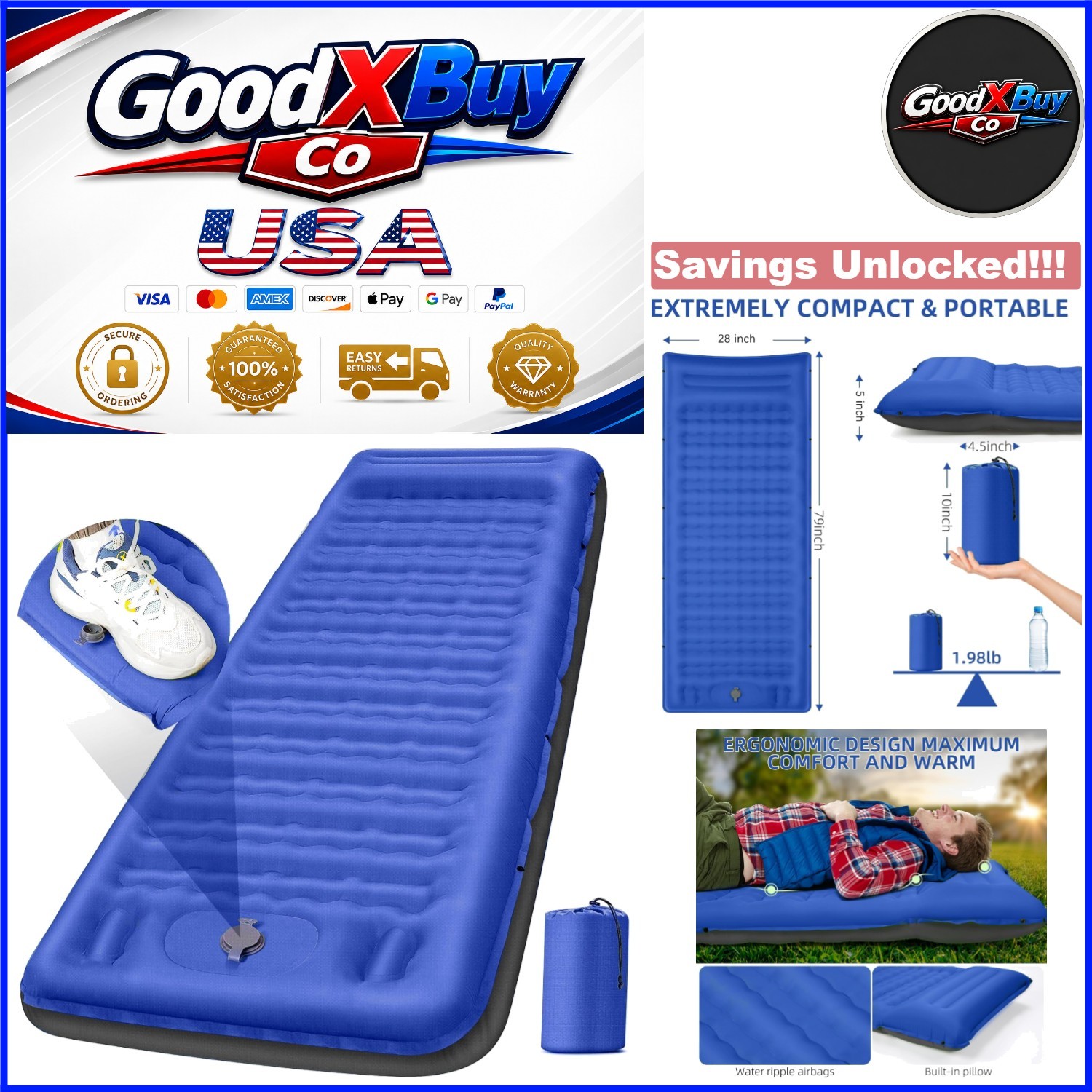 Extra Thick Camping Sleeping Pad 5 Inch with Built-in Pillow Foot Pump Blue Grey