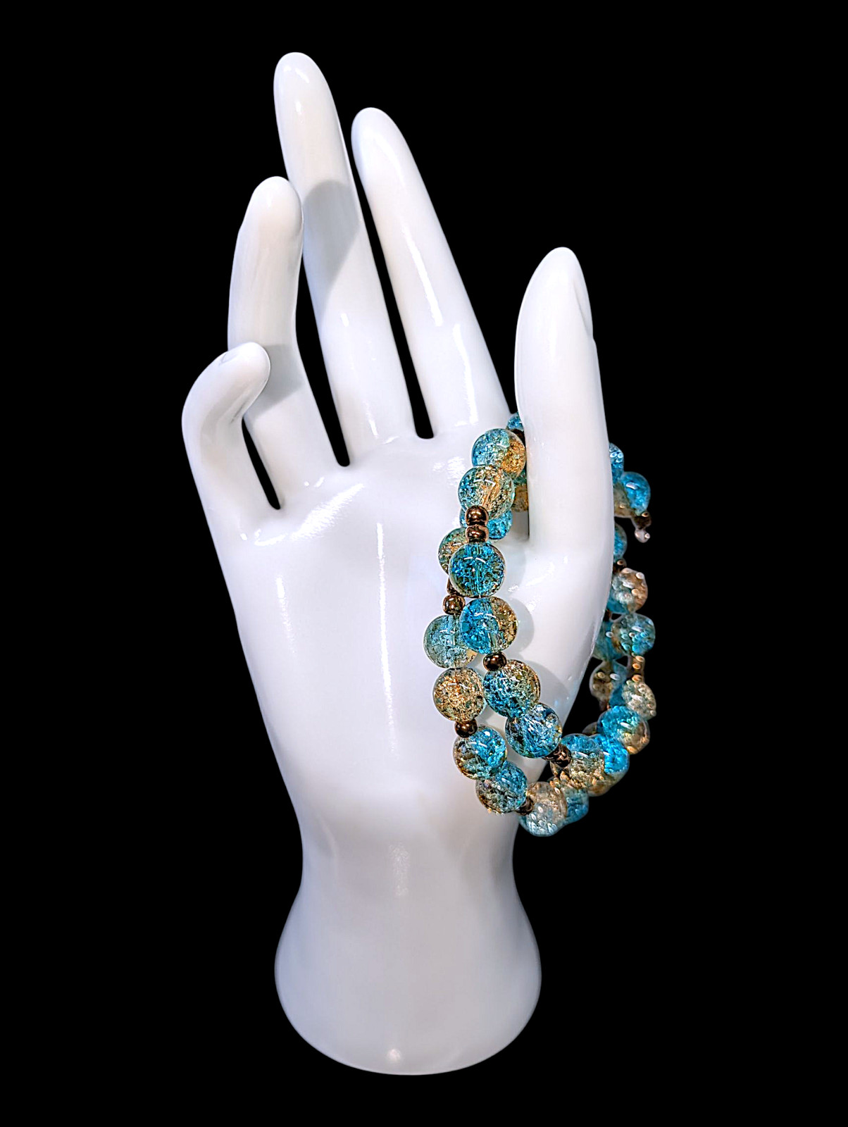 Fall Woods Bracelet with golden brown and blue glass beads adjustable memory wir