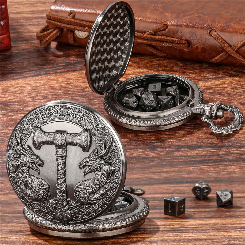 7pcs Mini Solid Metal Polyhedral Dice Set for RPG in Dragon Pocket Watch Case