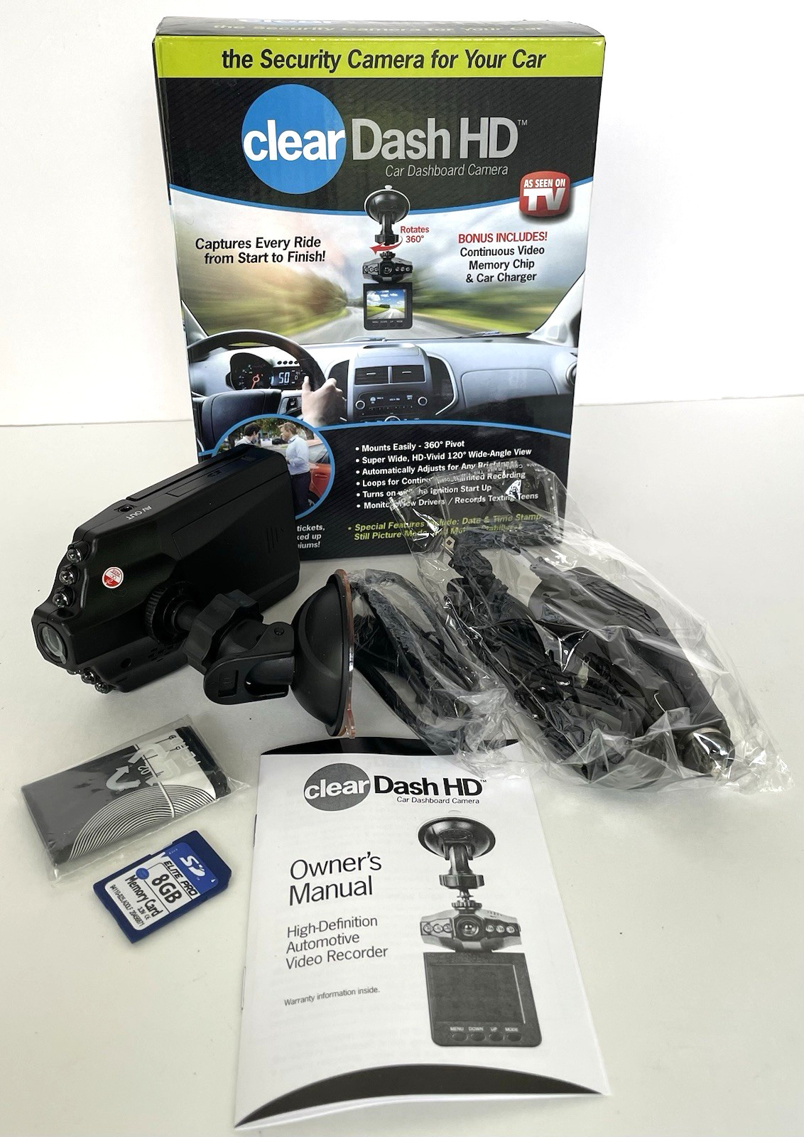 Clear Dash 360 Car Camera Pivot HD 32GB Memory Card Security 2.5 Screen NEW