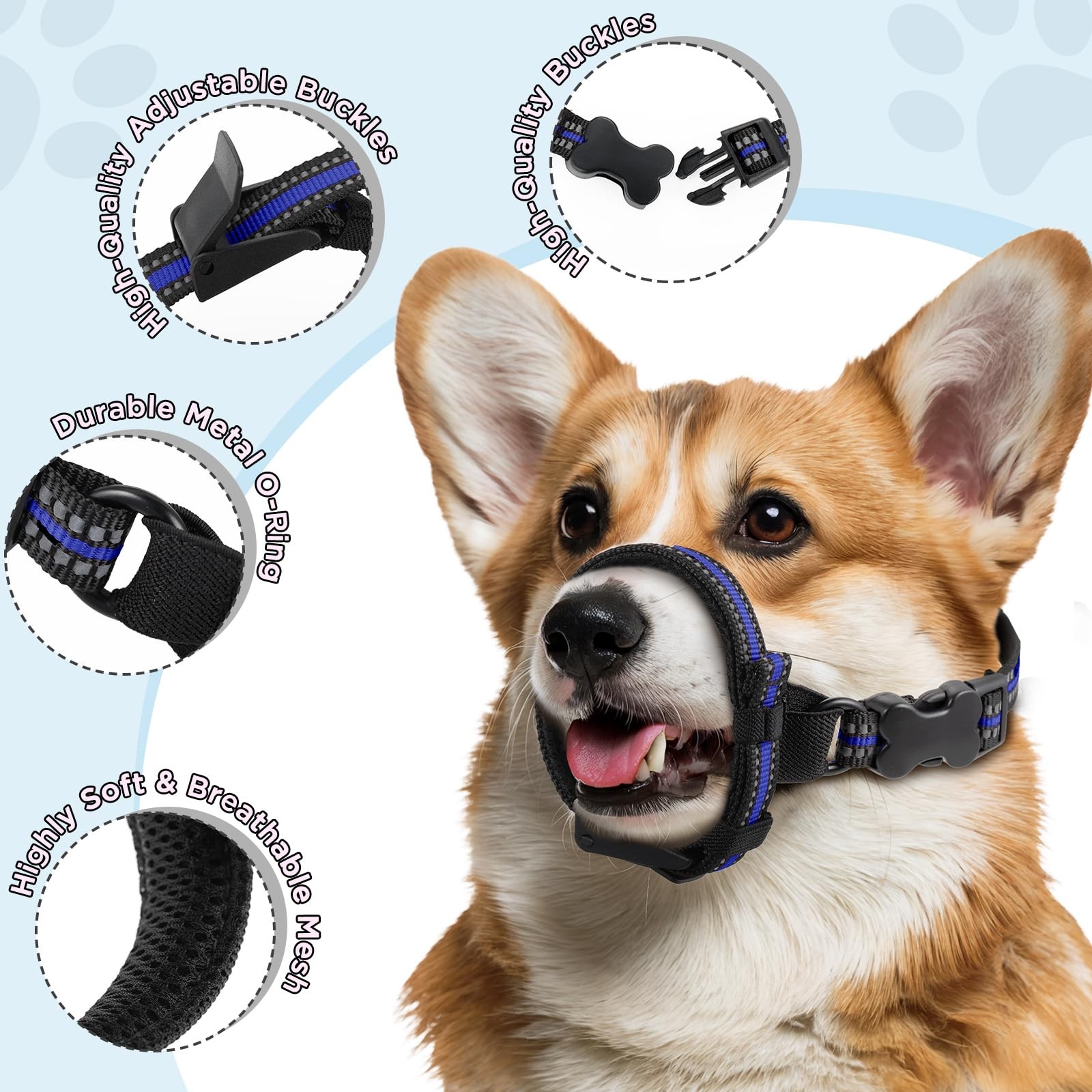BONTHEE Dog Muzzle,Anti-Bite Adjustable Breathable Soft Muzzle for M, Blue