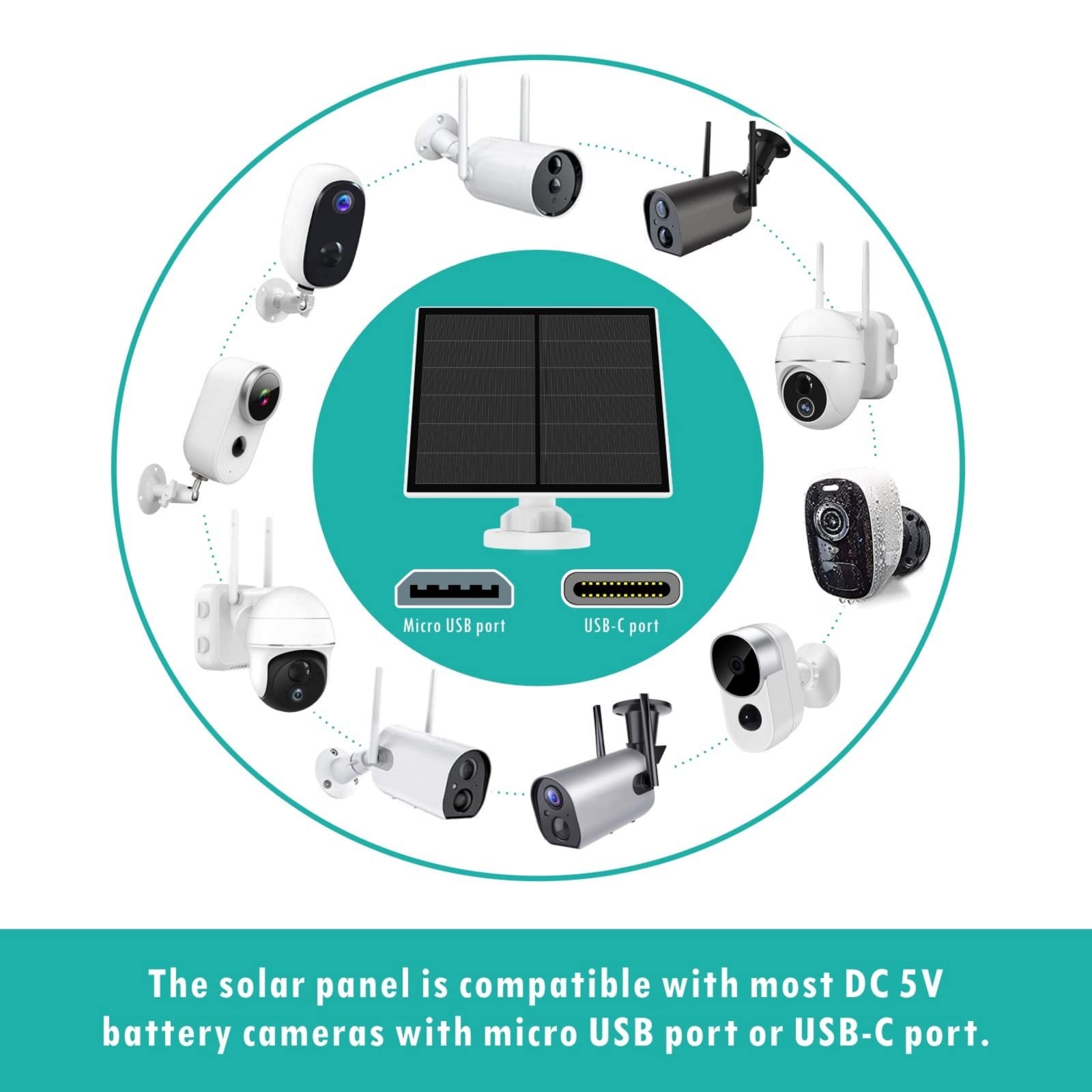 5W Solar Panel Security Camera Outdoor 5V USB Charger IP65 Waterproof 9.8ft