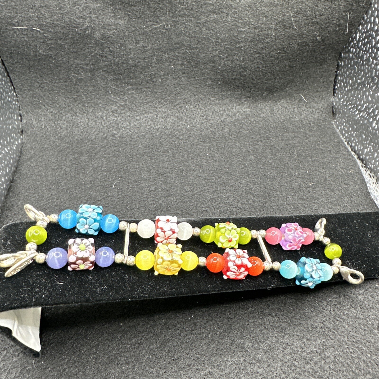 Multicolor Lampworked Glass Floral Beaded Bracelet By Bumbles Stretch