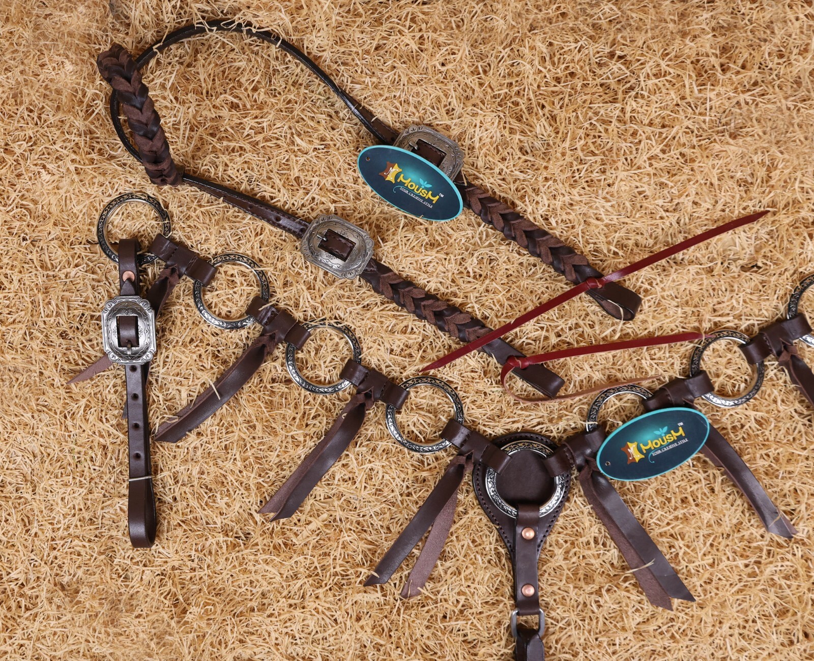 MOUSM Ring One Ear Headstall & Breast Collar Tack Set - Metallic Brown Leather
