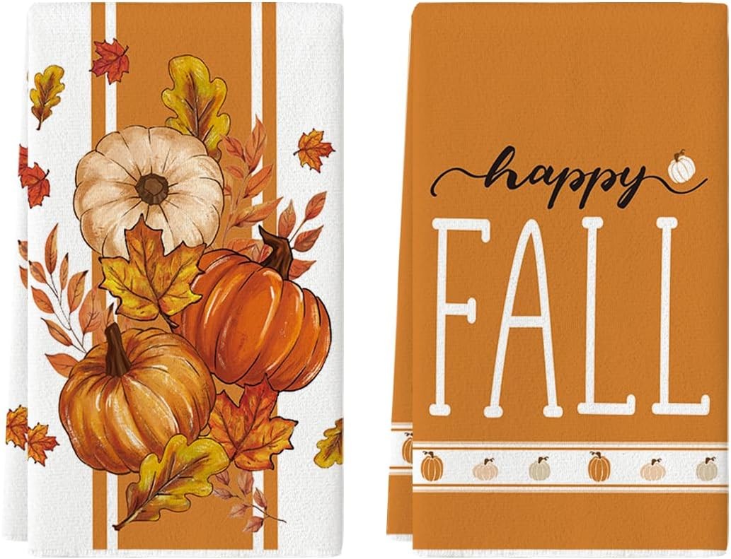 Artoid Mode Stripes Pumpkin Happy Fall Kitchen Towels Dish 18 x 26, Orange