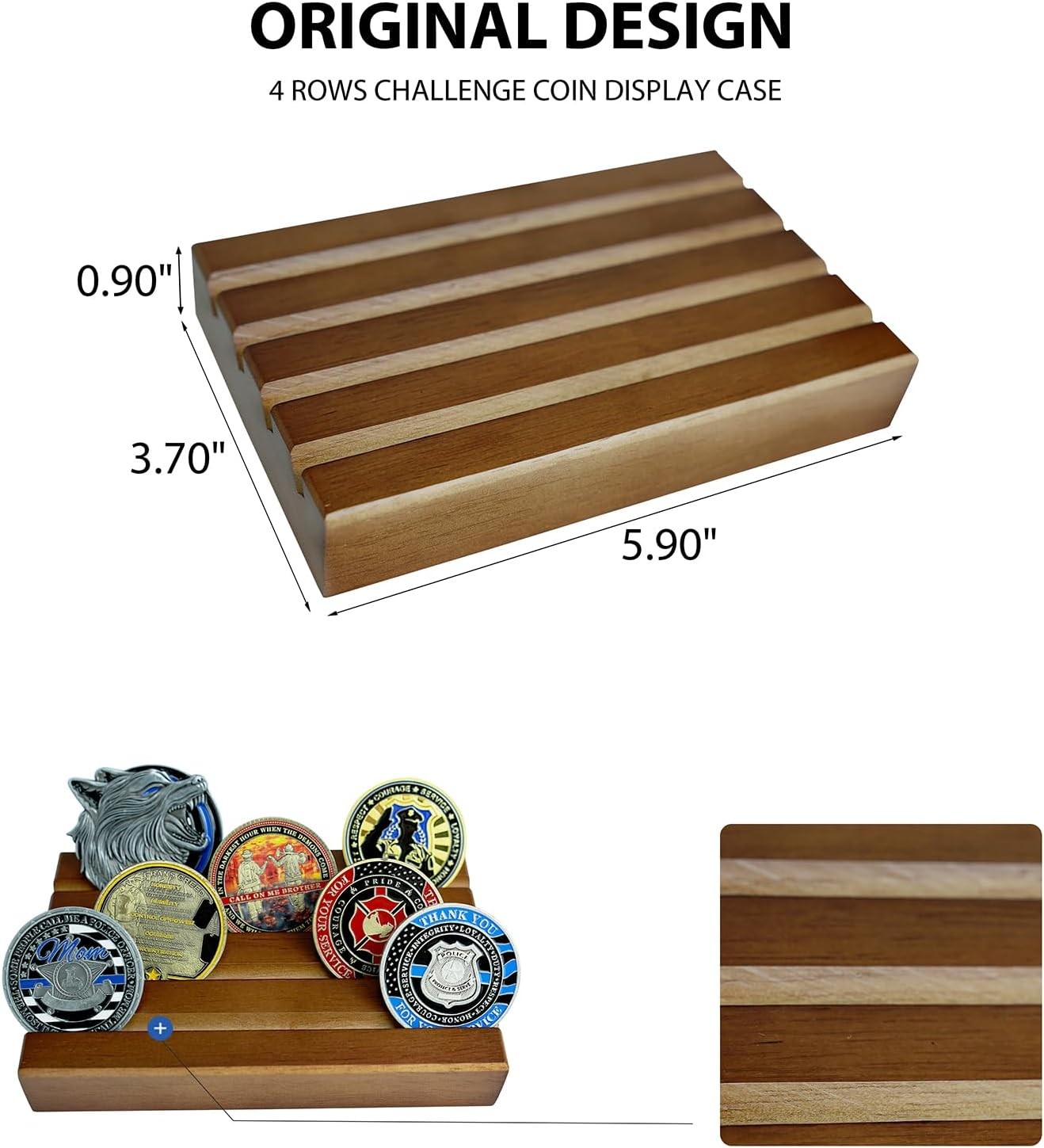Challenge Coin Holder Display Case - 4 Row Solid Wood Military Rack - Walnut