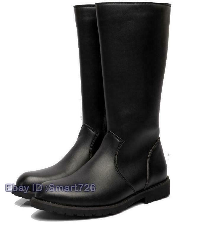 Mens Knee high Military Riding Waterproof Equestrian Zip Dress black Boots